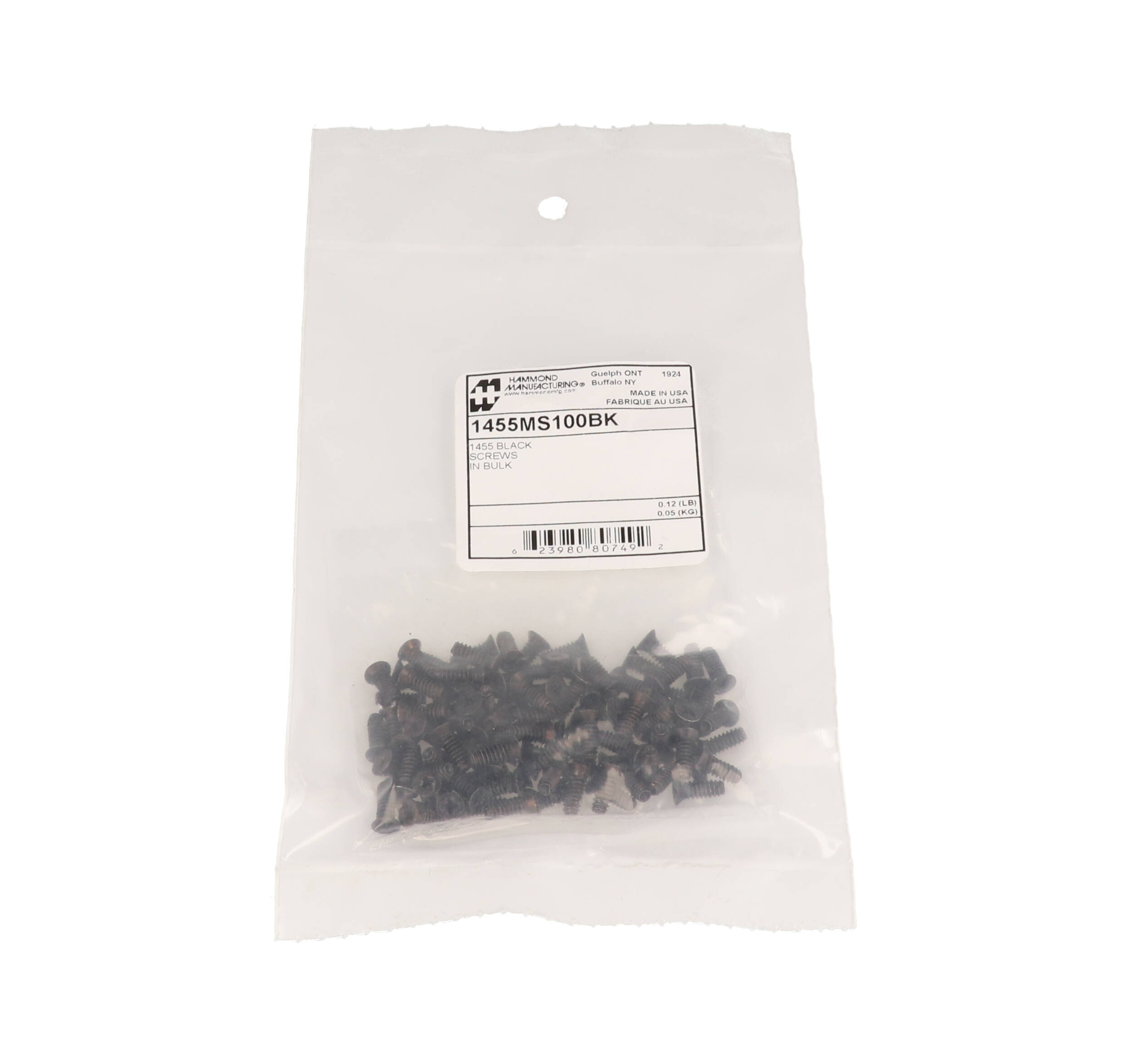 1455MS100BK black zinc plated #6-32 x 3/8 Phillips flat head end panel screws, bag of 100
