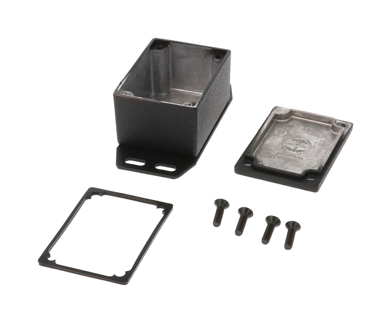 1590WHFBK black textured IP65 watertight diecast enclosure, 53 x 38 x 31 mm, with flanged bottom plate