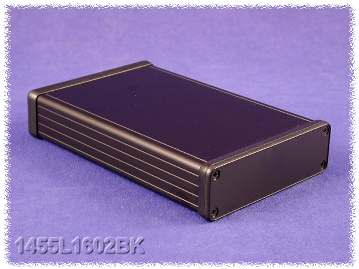 1455L1602BK black anodized extruded aluminum PC board enclosure, 160 x 103 x 30.5 mm, with black plastic end panels