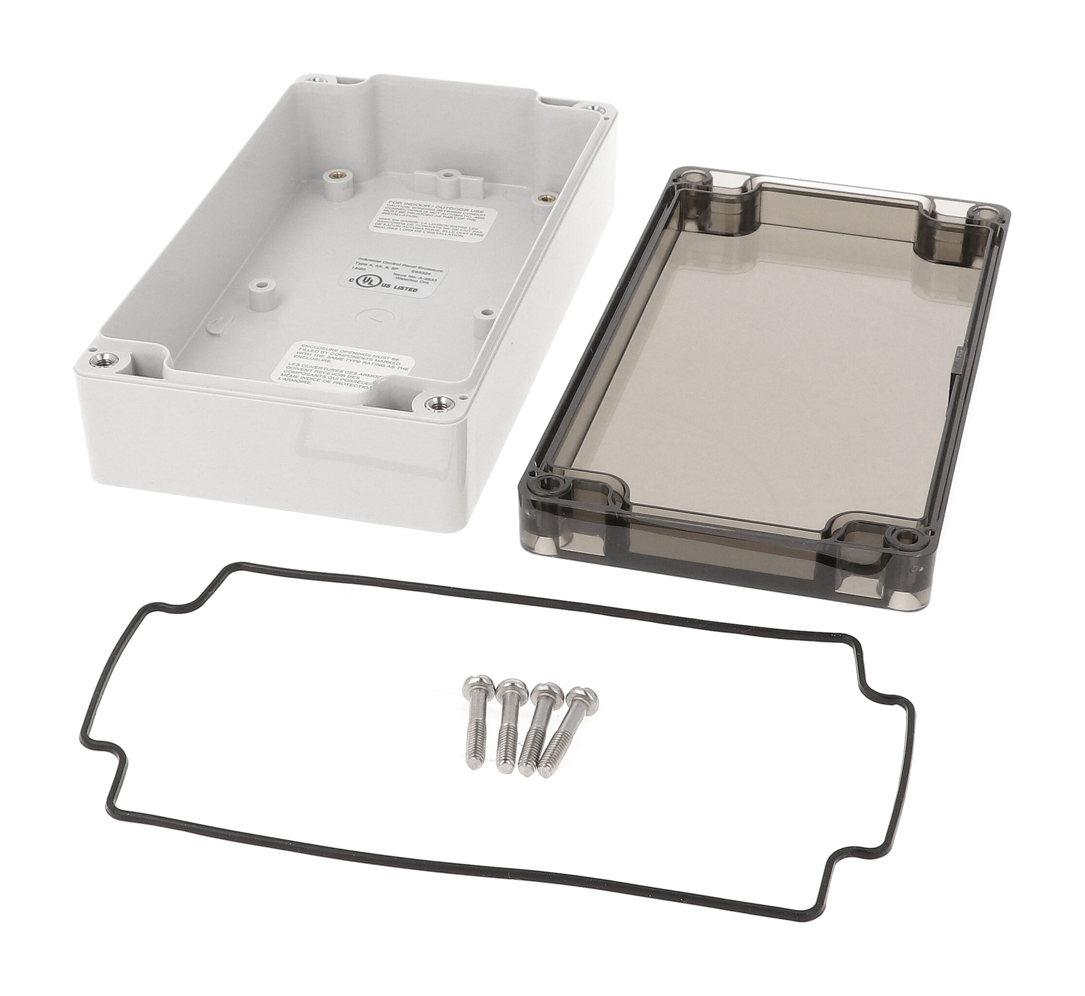 1554JL2GYSL gray polycarbonate watertight enclosure with smoked lid, 160 x 90 x 46 mm