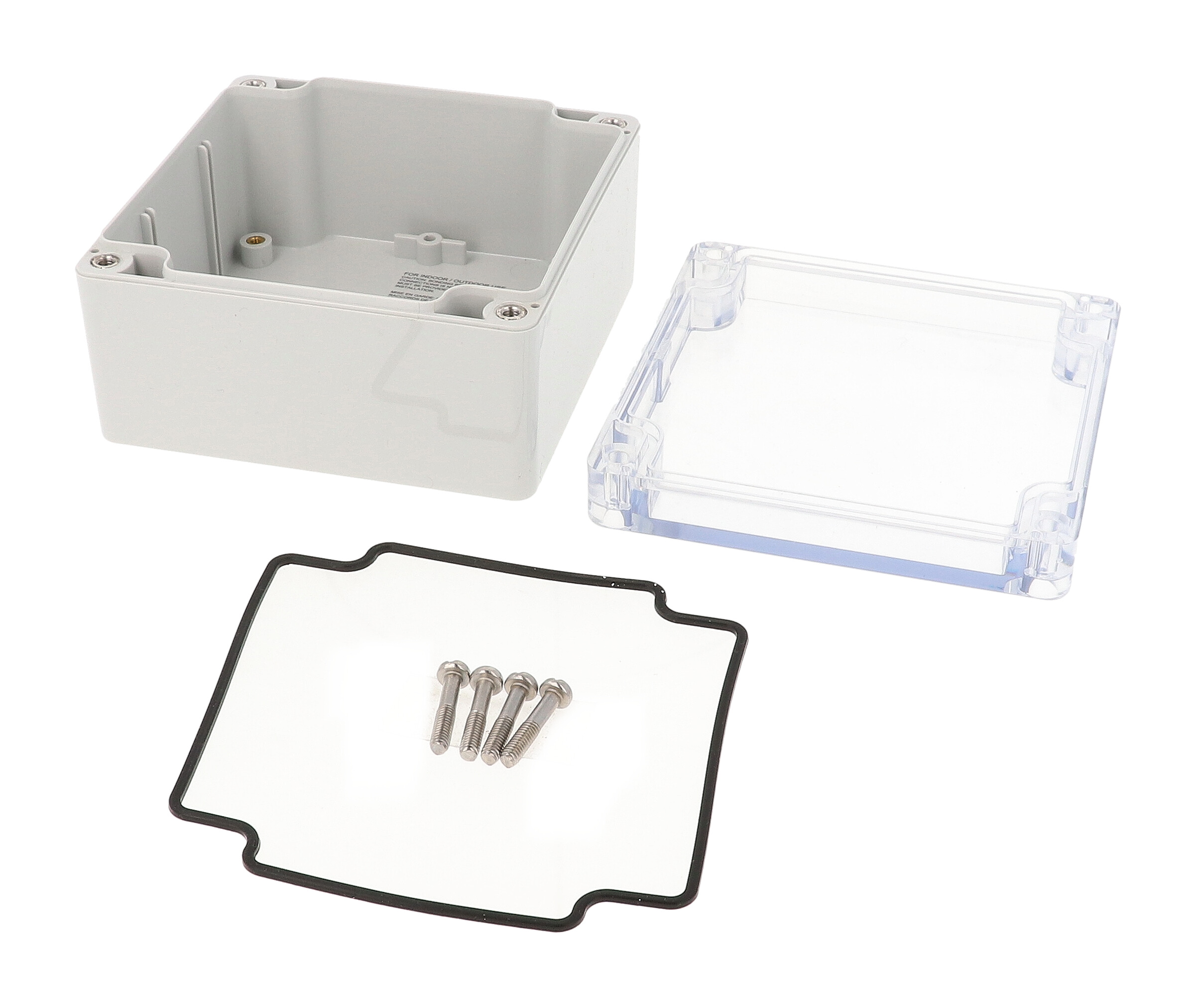 1554L2GYCL square polycarbonate enclosure with clear lid, 105 x 105 x 60 mm