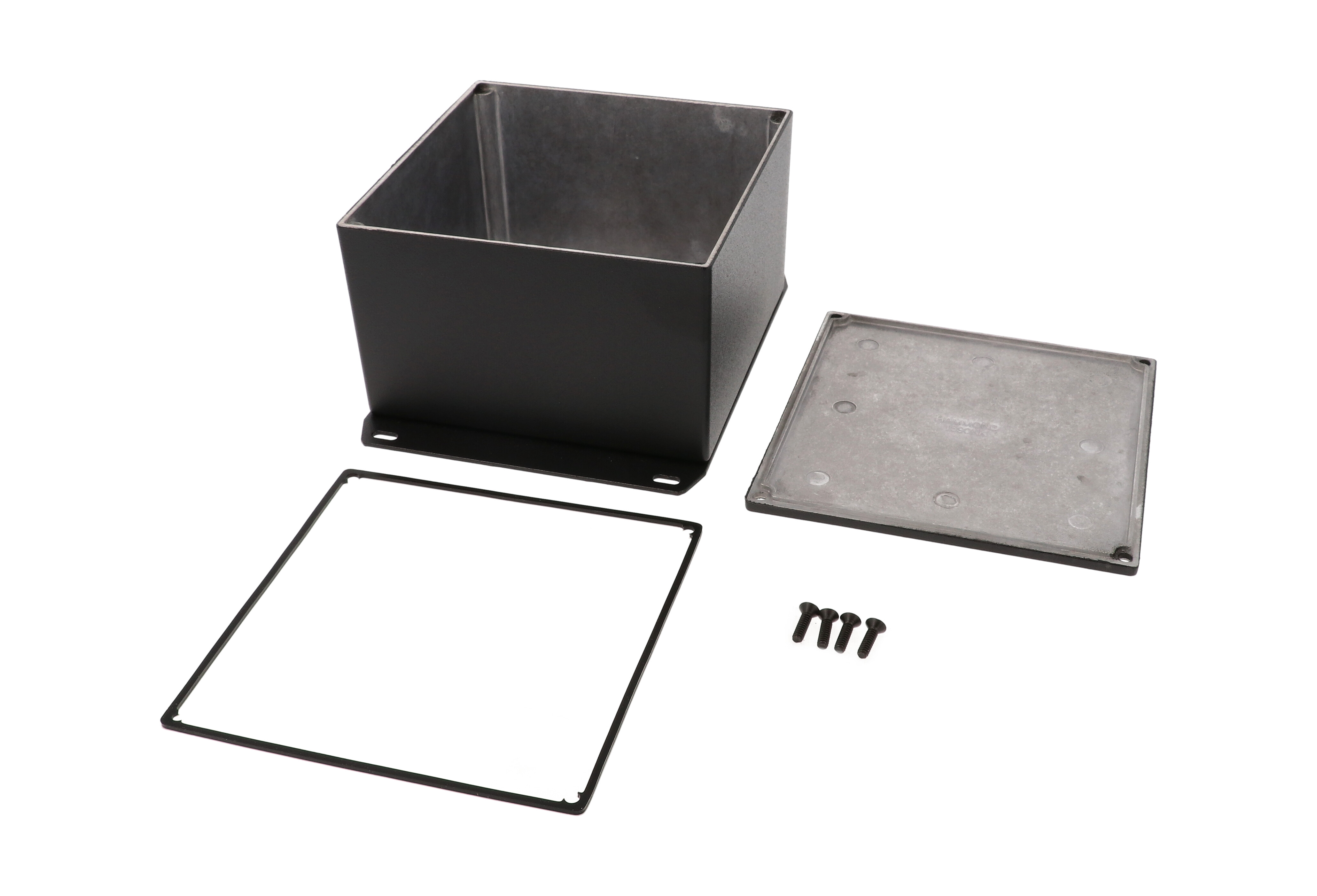 1590WKFBK black textured IP65 watertight diecast enclosure, 125 x 125 x 79 mm, with flanged bottom plate