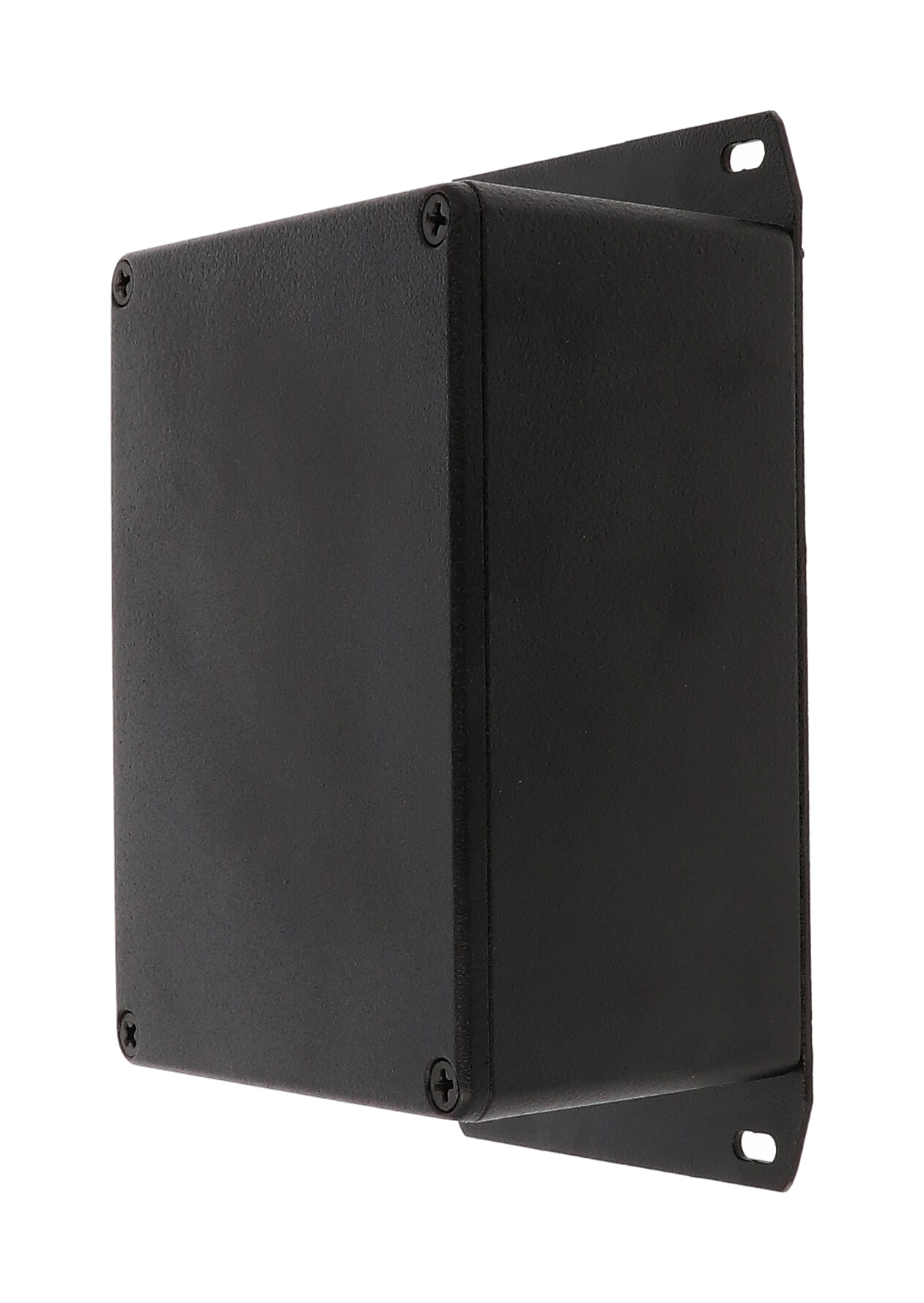 1590CFBK textured black diecast aluminum enclosure with welded flanged bottom plate