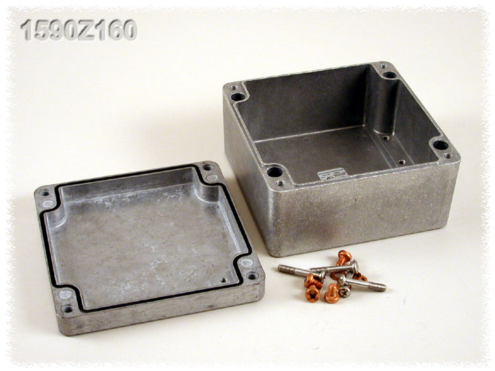 1590Z160 natural diecast aluminum enclosure, square 160 x 160 x 90 mm, with lid screws
