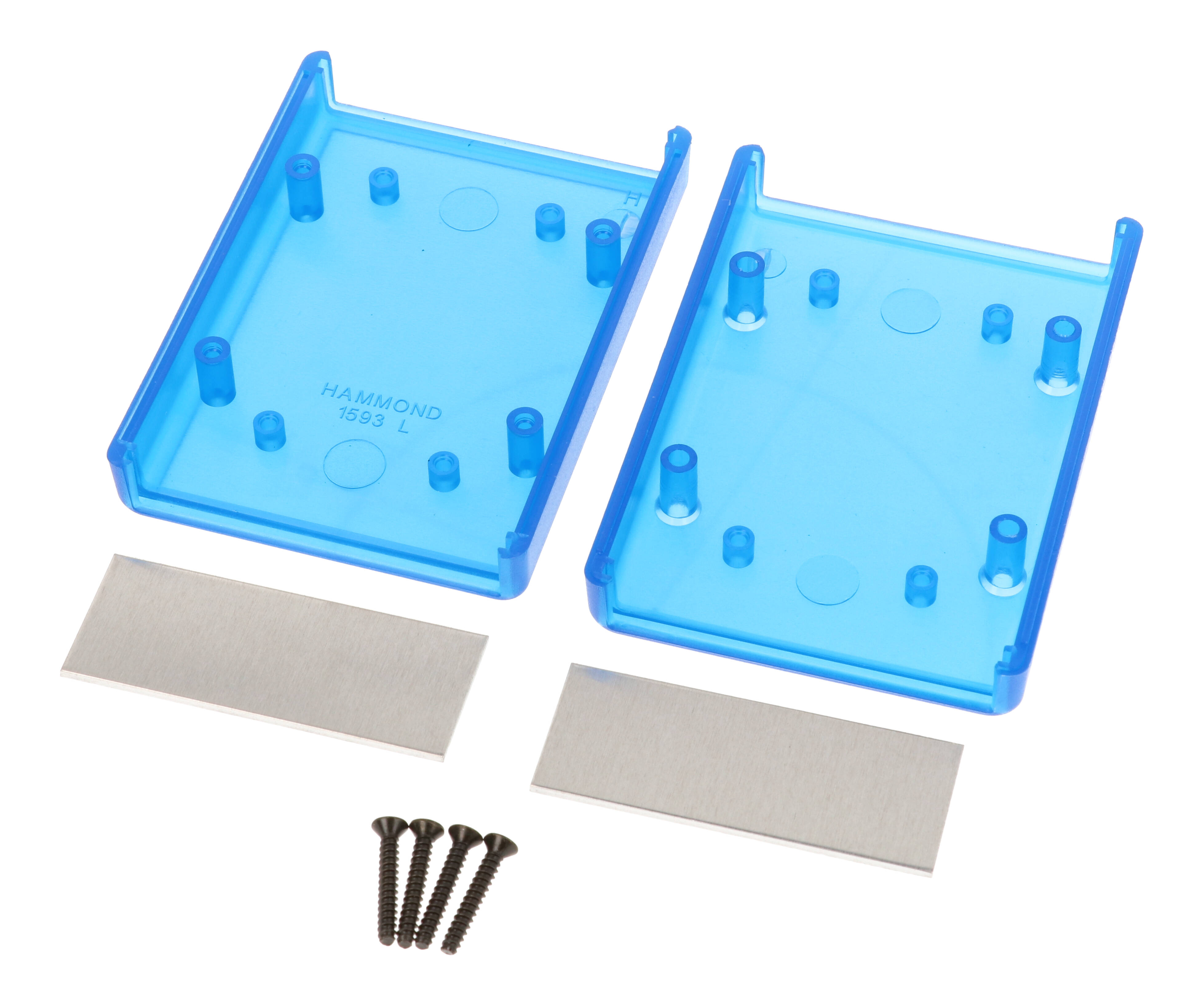 1593LALTBU transparent blue ABS handheld enclosure with aluminum end panels