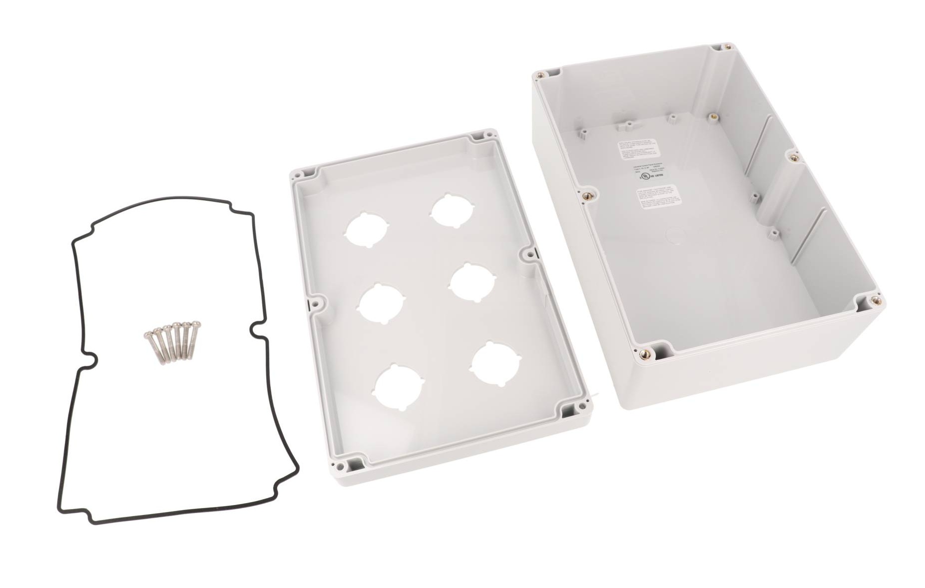 1554PB6A light gray polycarbonate six-hole 30.5mm pushbutton enclosure on the 1554VA body