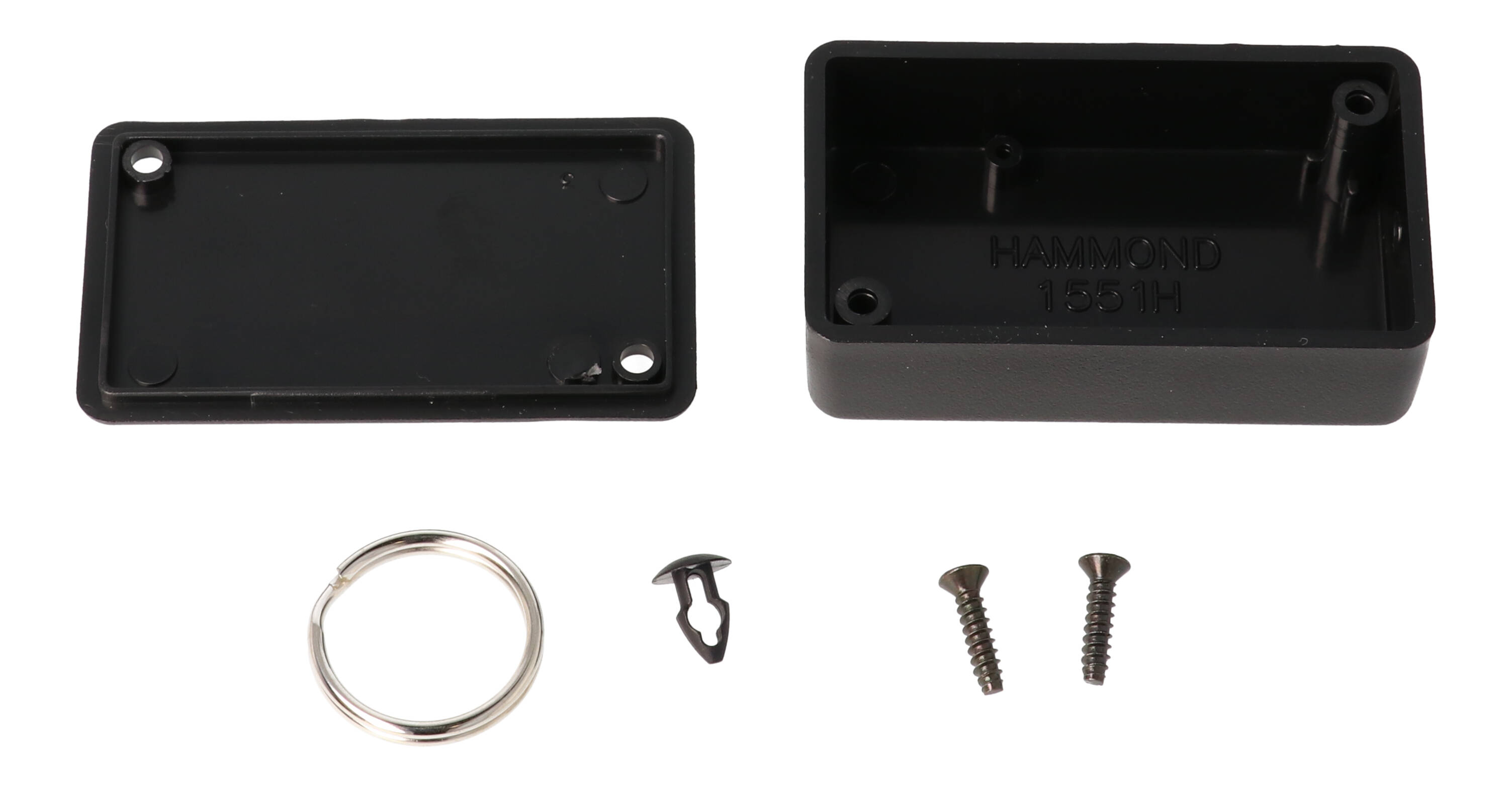Hammond 1551HRBK black ABS plastic enclosure with key ring, 60 x 35 x 20 mm