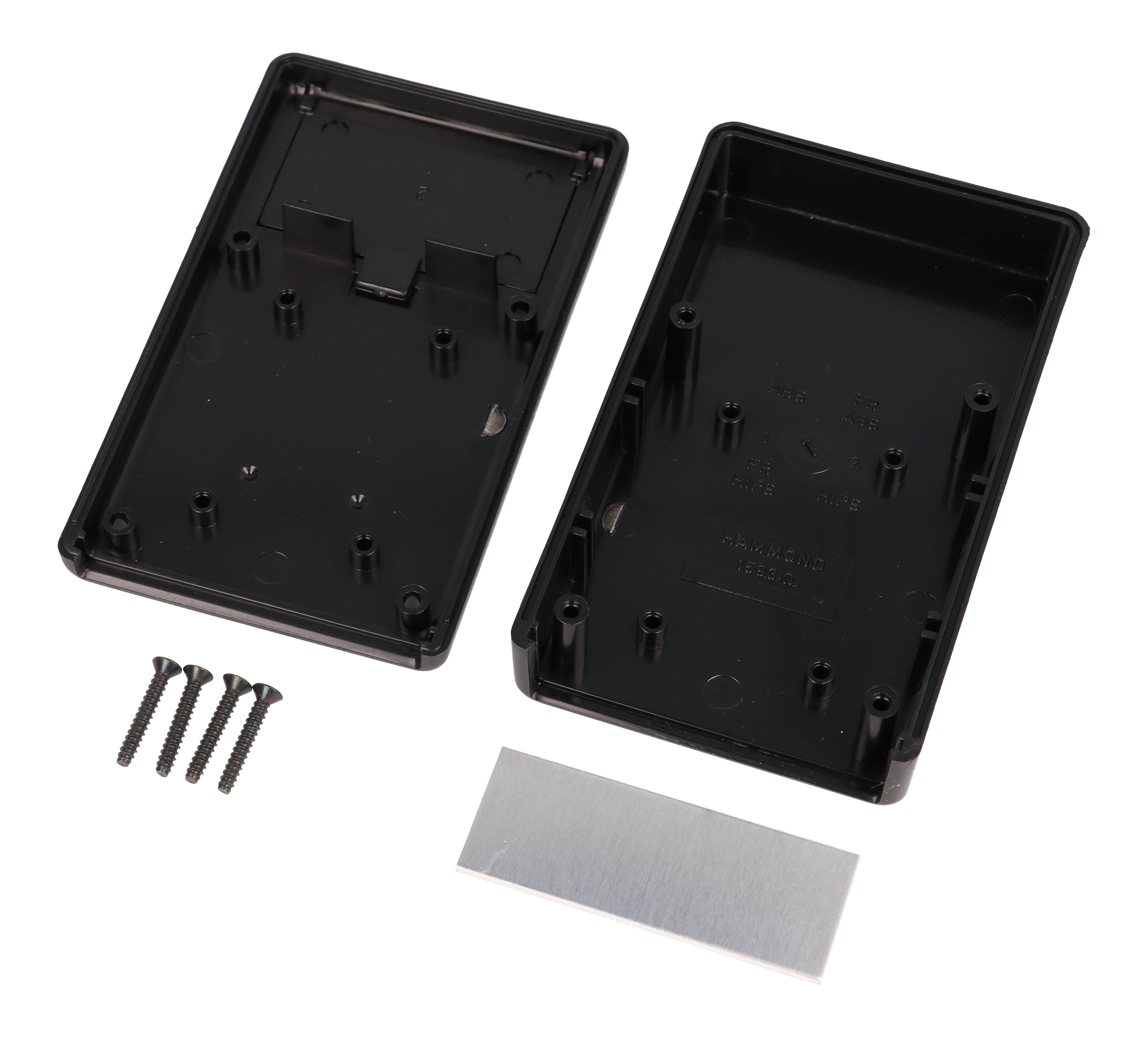1593QALBK black ABS handheld enclosure with battery door and aluminum front panel