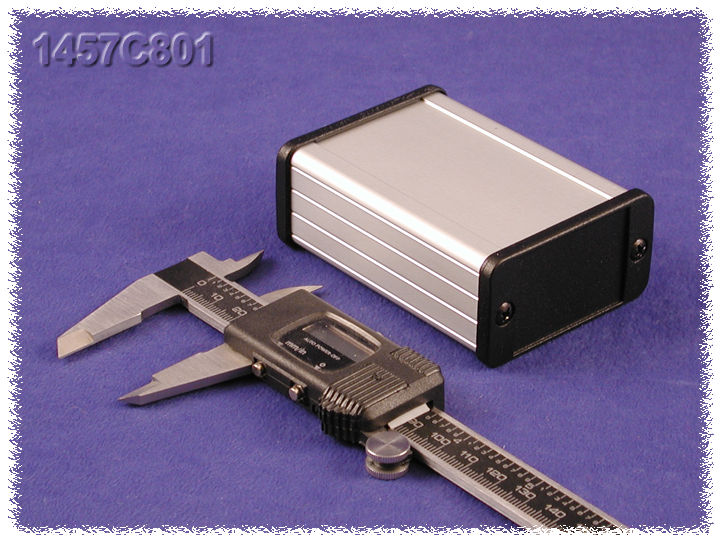 1457C801 IP65 watertight extruded aluminum enclosure with clear anodized body and black diecast end panels