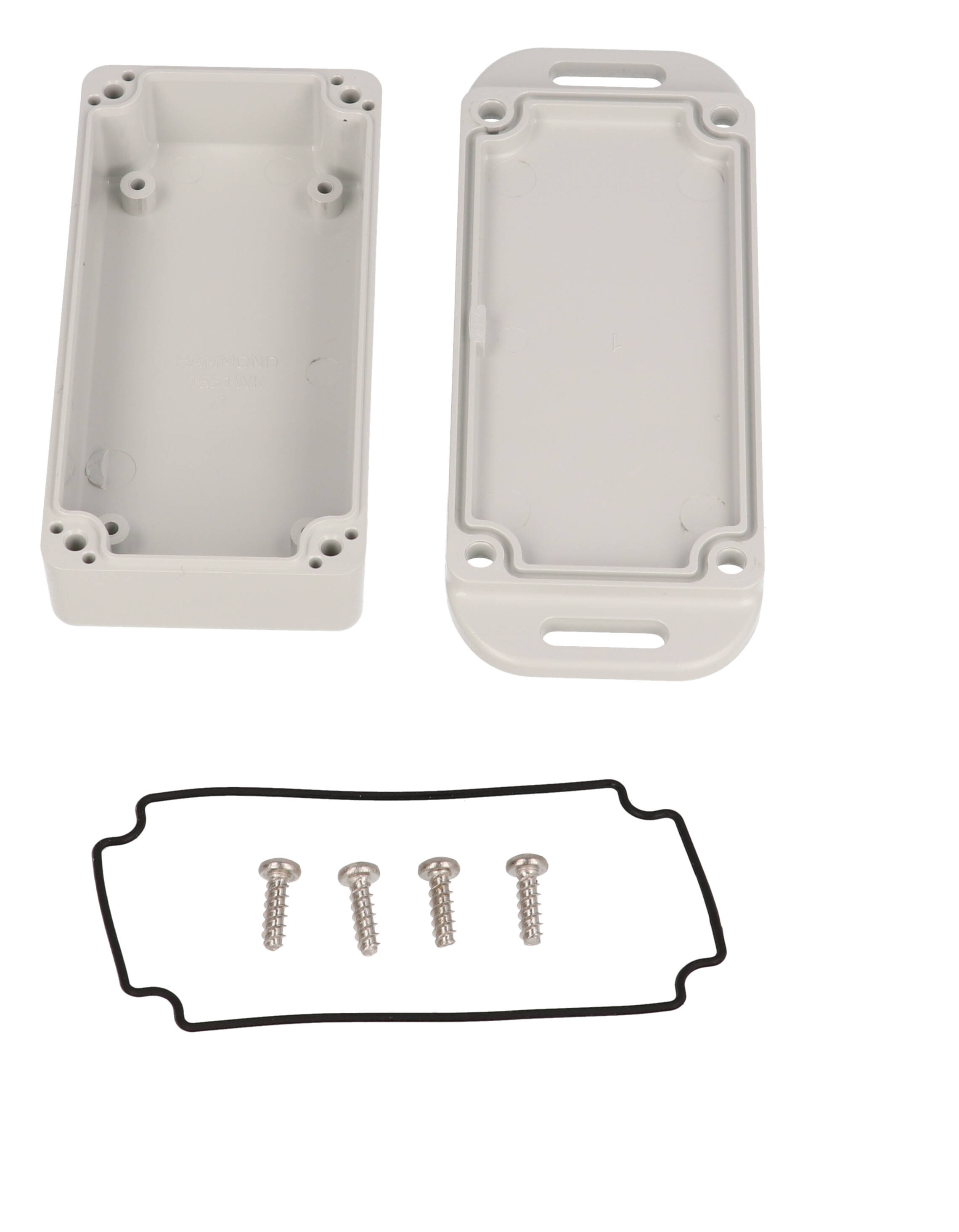 1551WKFLGY light gray 80 x 40 x 22 mm watertight polycarbonate enclosure with wall-mounting flanges
