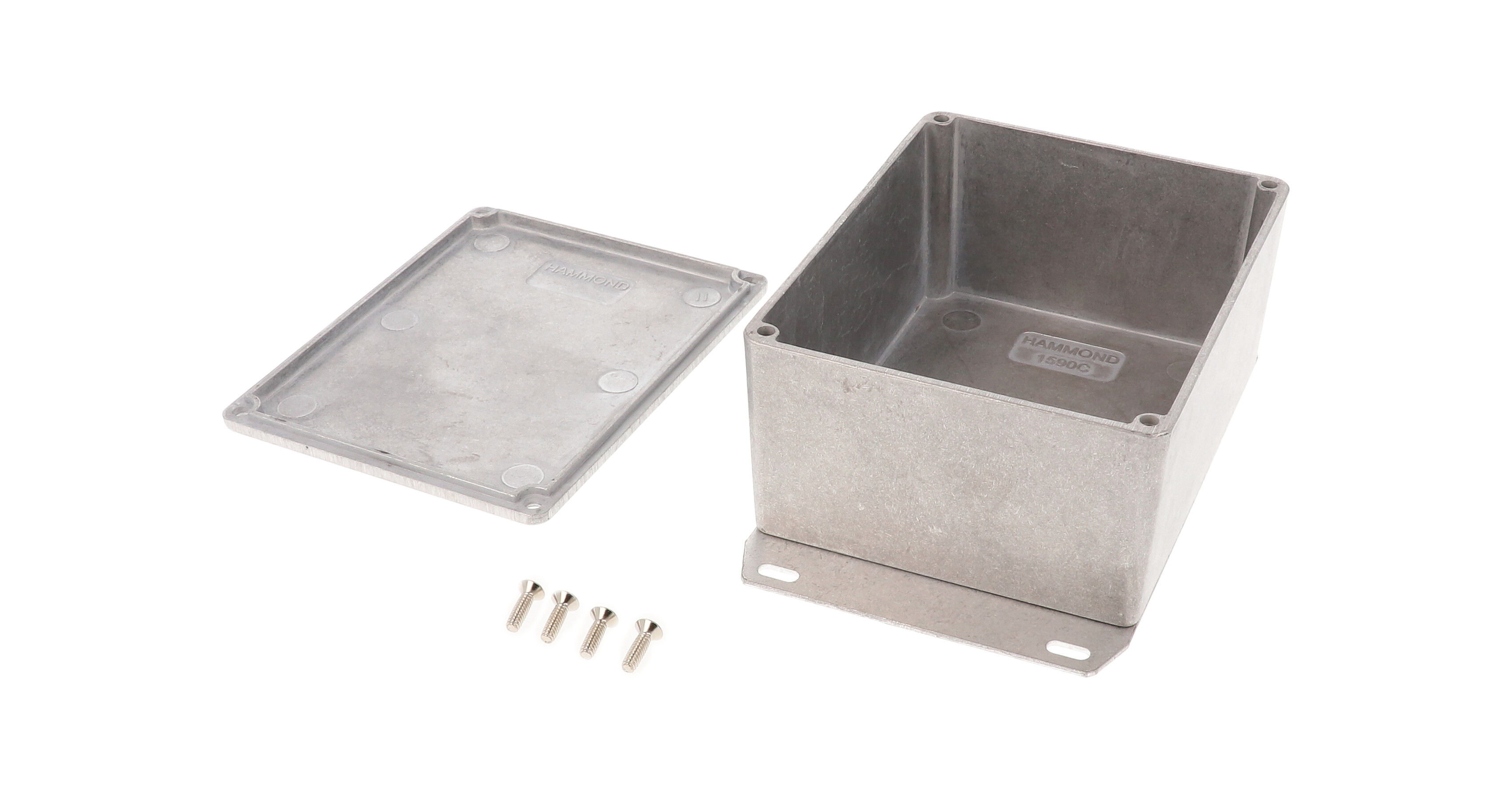 1590CF natural diecast aluminum enclosure with welded flanged bottom plate, 119 x 94 x 56 mm