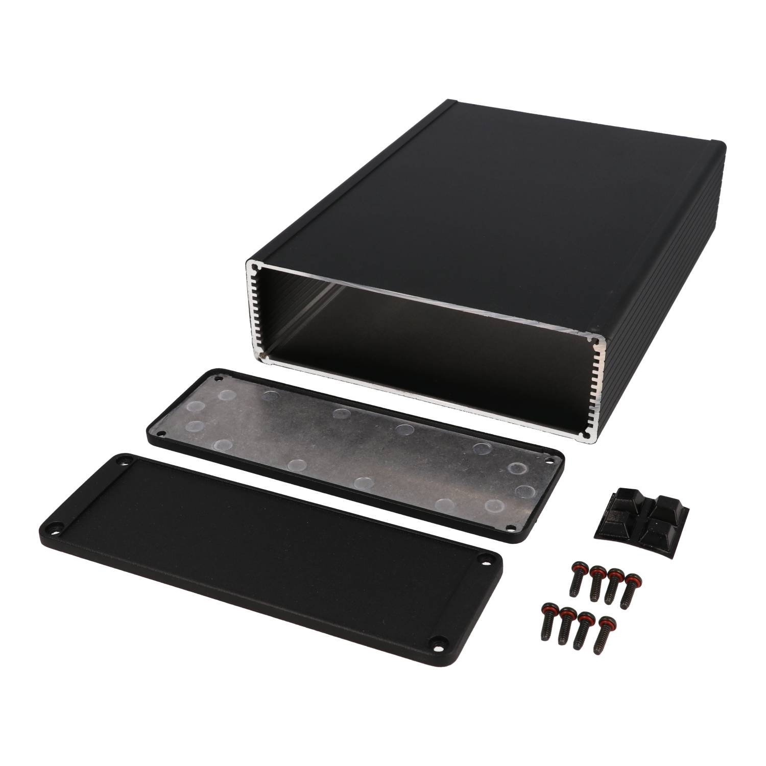 1457T2201EBK black powder coat EMI/RFI shielded extruded aluminum enclosure with flat black end panels, 220 mm x 165 mm x 55 mm