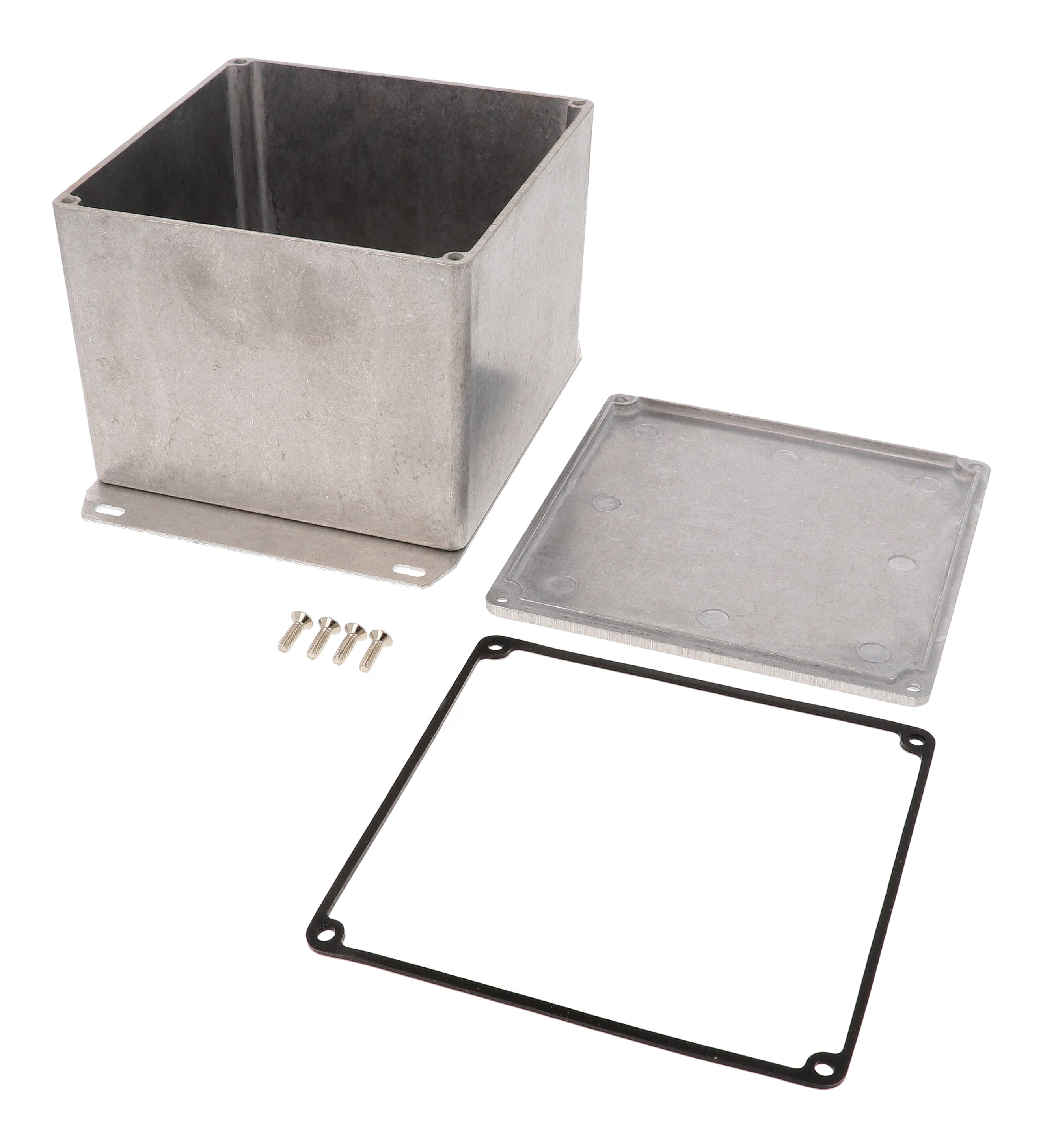 1590WVF natural aluminum watertight diecast aluminum enclosure with flanged bottom plate, 119 mm x 120 mm x 94 mm