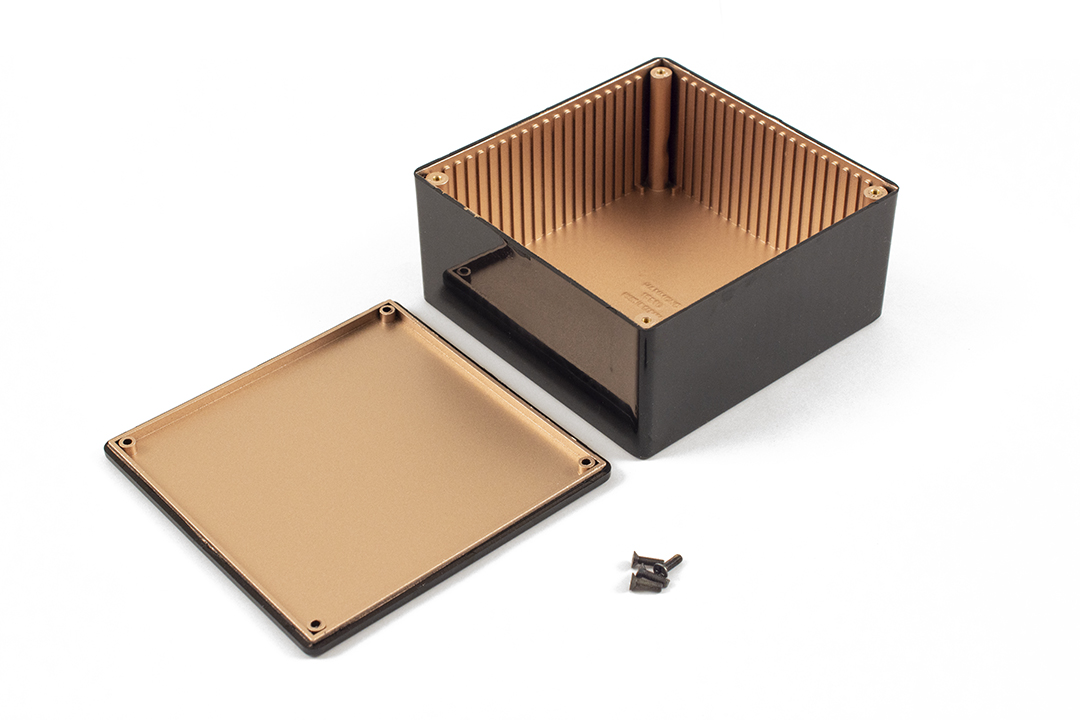 1591RUBK black ABS enclosure, 120 x 120 x 59 mm, with EMI/RFI copper conductive coating inside