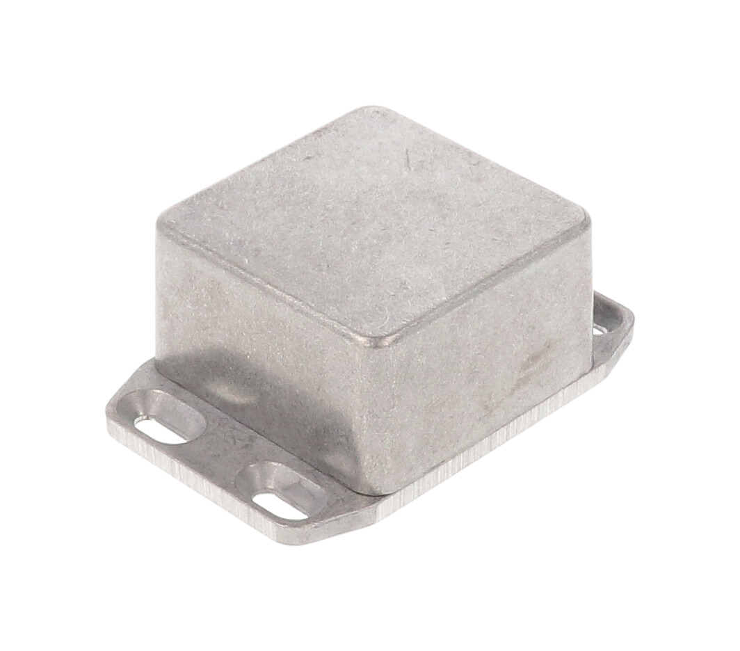 1590LBFL natural diecast aluminum enclosure with wall-mounting flanged lid, 51 x 51 x 31 mm