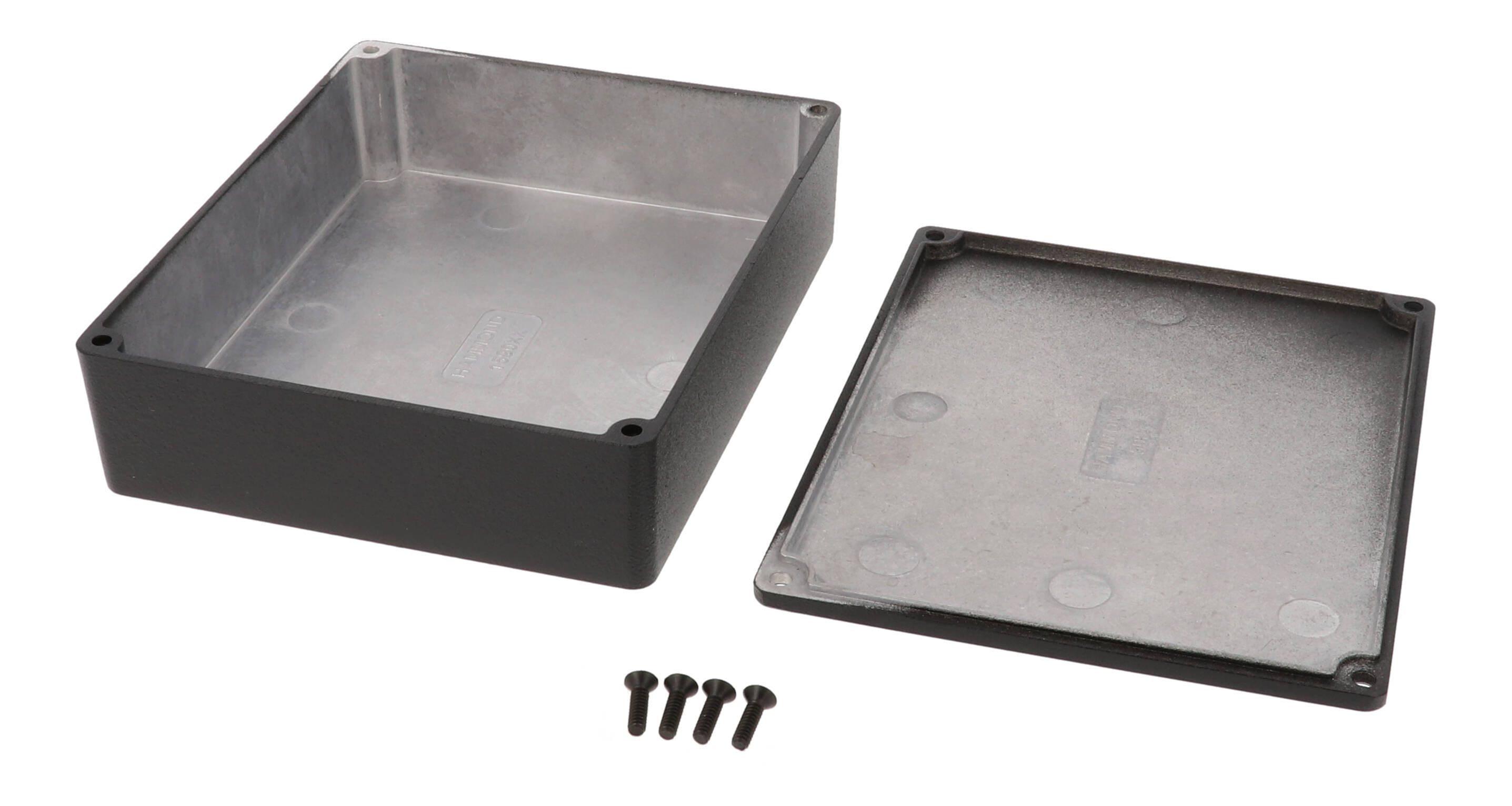 1590XXBK textured black low-profile diecast aluminum enclosure with black screws