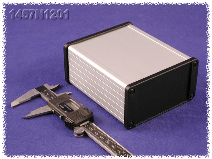 1457N1201 clear anodized IP65 extruded aluminum enclosure, 120 x 104 x 55 mm, with flat black diecast end panels