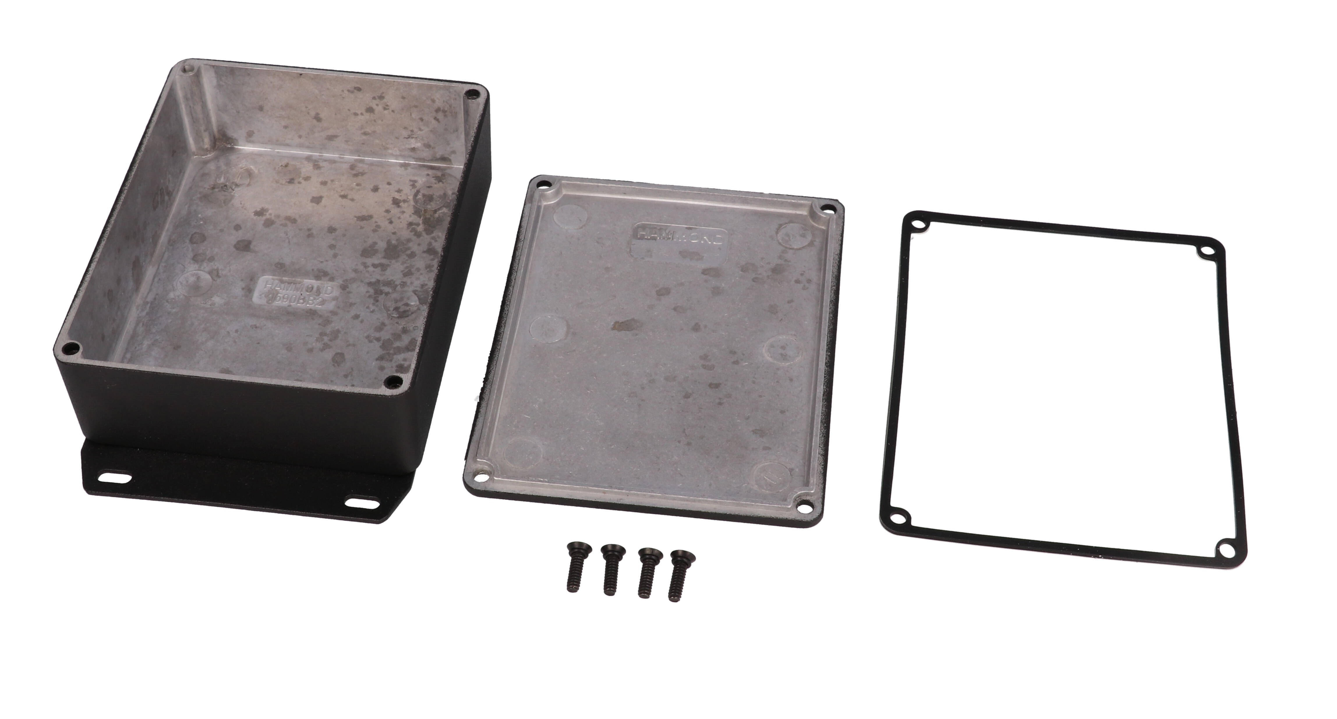 1590WBB2FBK black textured IP65 watertight diecast enclosure, 120 x 94 x 38 mm, welded flanged bottom plate