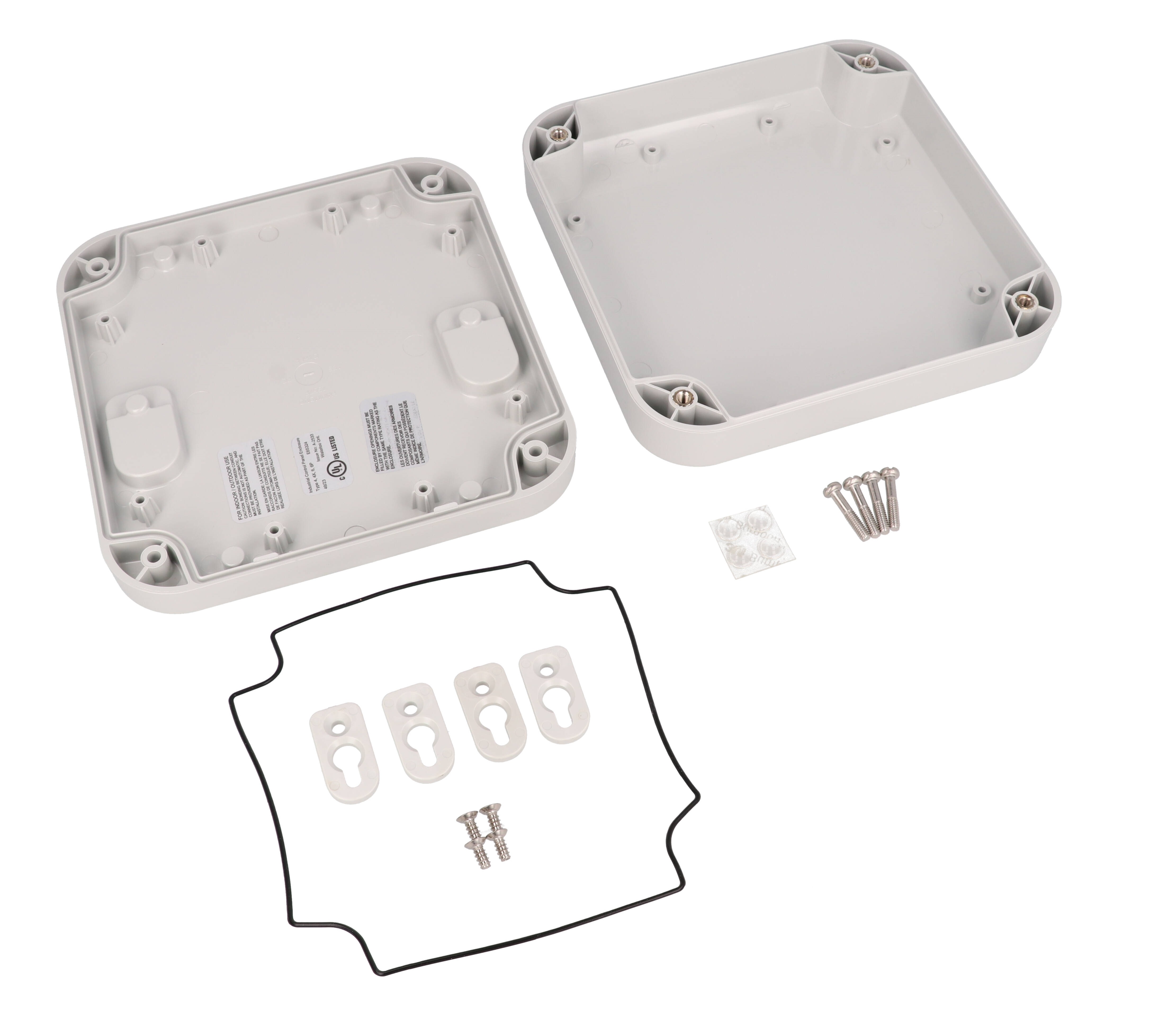 1557F2GY light gray RAL7035 polycarbonate watertight enclosure measuring 160 x 160 x 45 mm