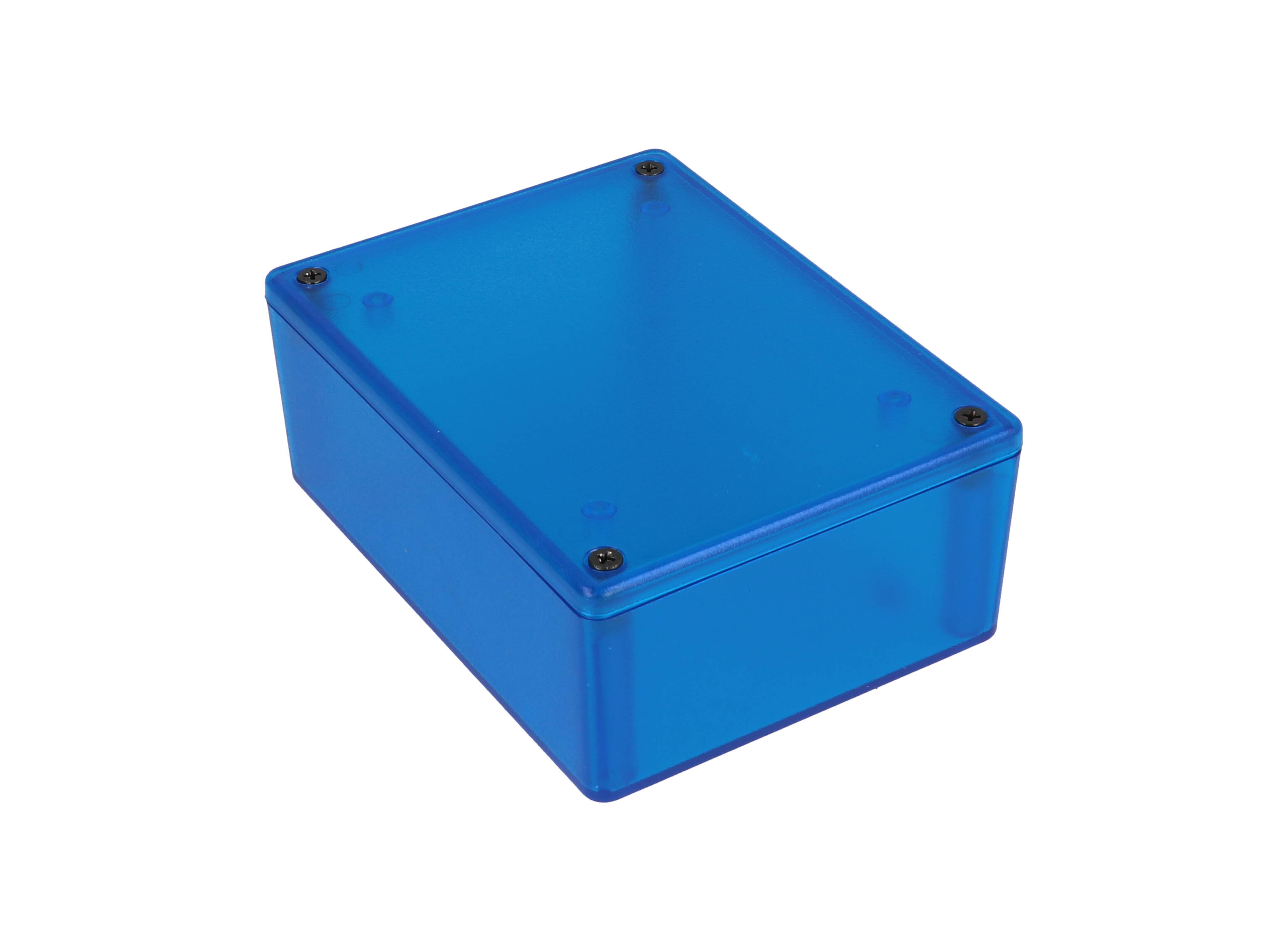 1591XXSTBU transparent blue ABS plastic enclosure with PC board standoffs, 113 x 85 x 44 mm