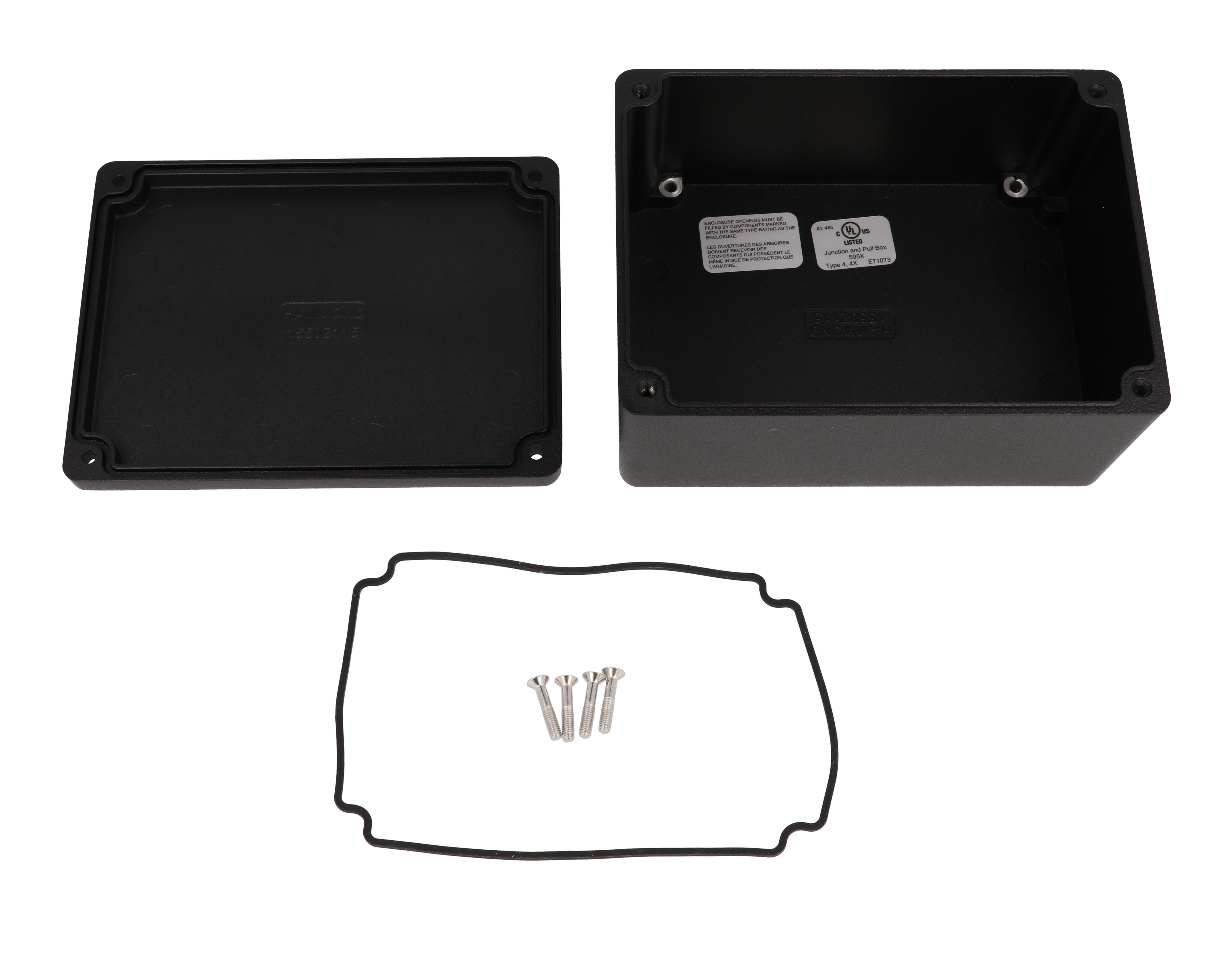 Hammond 1550Z115BK black textured watertight diecast aluminum enclosure, 148 x 108 x 75 mm, with lid and cover screws