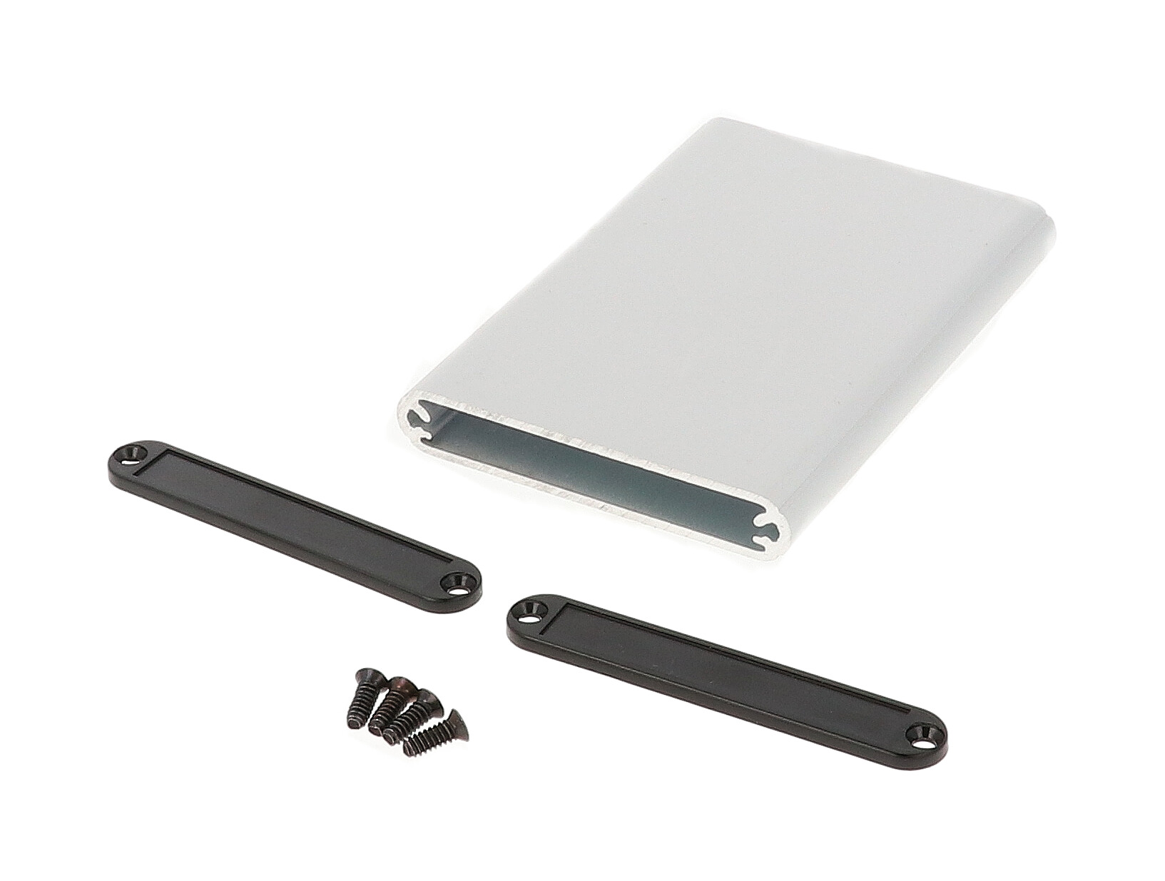 1455A1002 clear anodized extruded aluminum PC board enclosure, 100 x 70 x 12 mm, with black plastic end panels