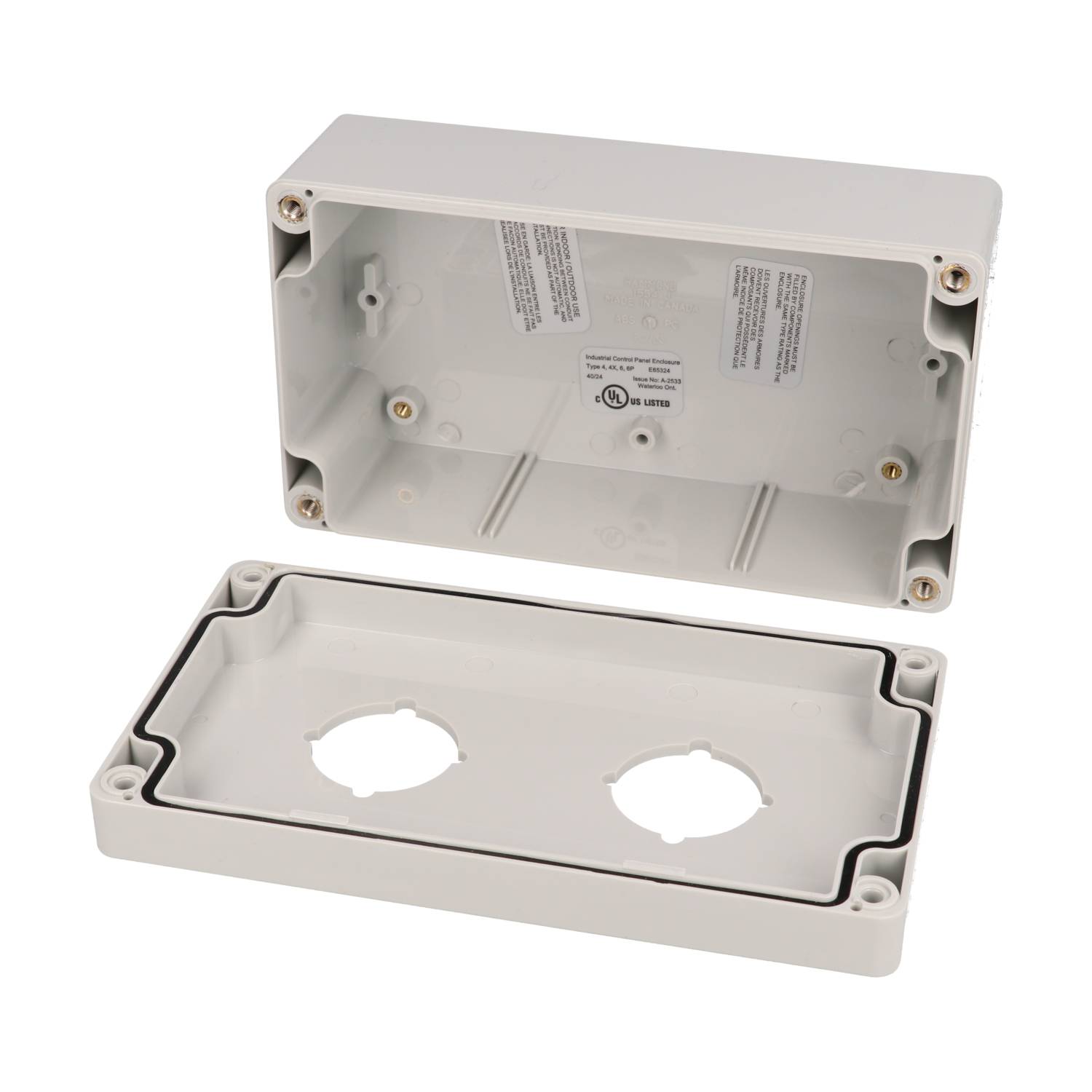 1554PB2 light gray polycarbonate two-hole 30.5mm pushbutton enclosure