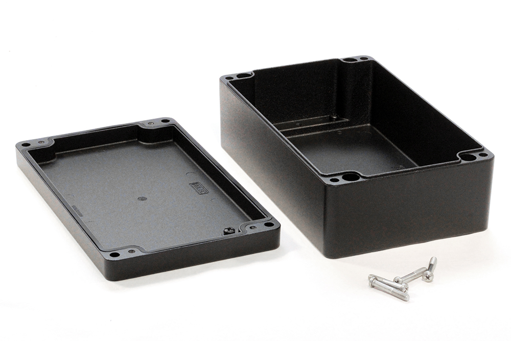 1590Z162BK textured black diecast aluminum watertight enclosure, 260 x 160 x 90 mm