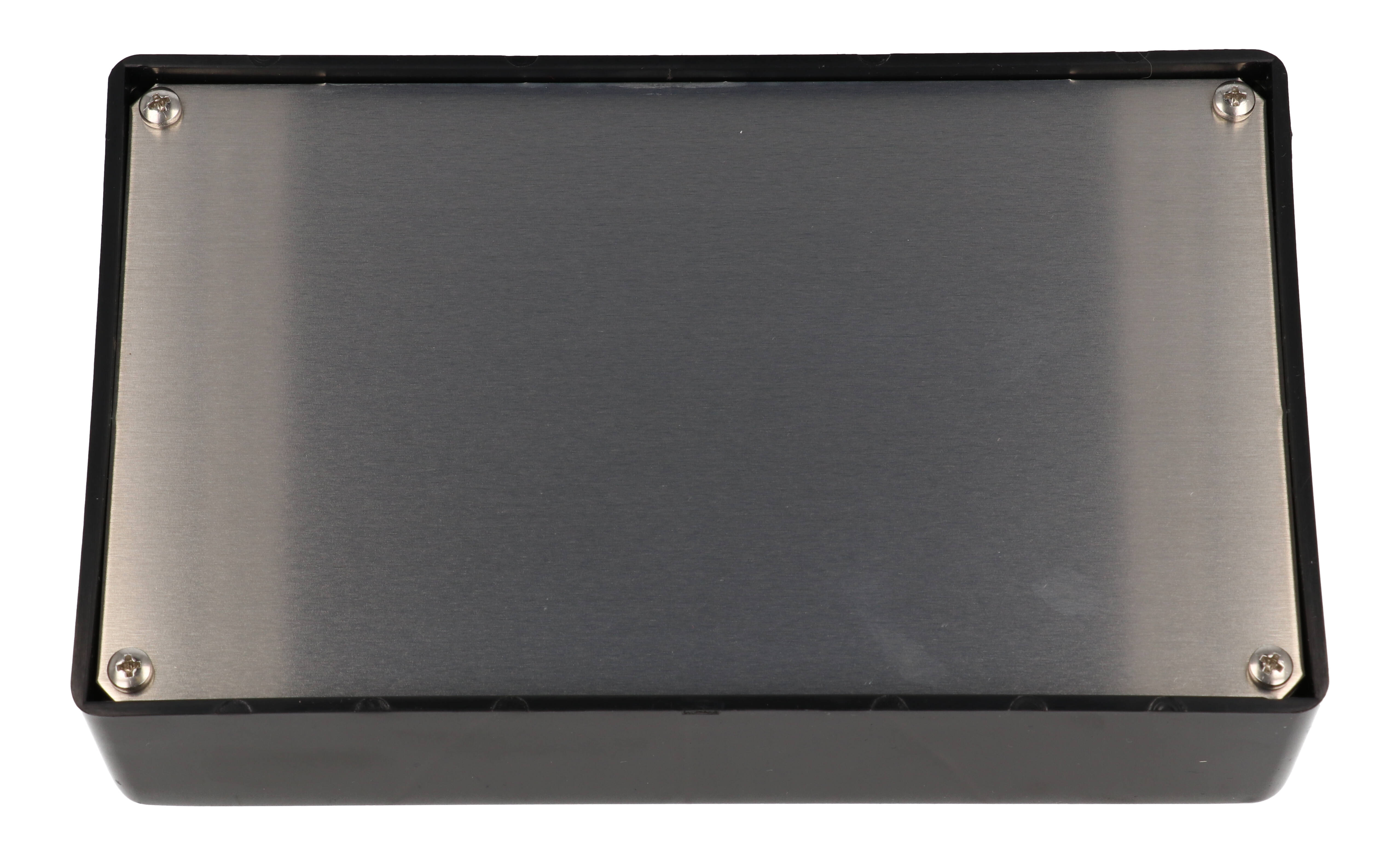 1595CBK black sloped plastic console enclosure with recessed aluminum front panel, 161 x 96 x 58 mm