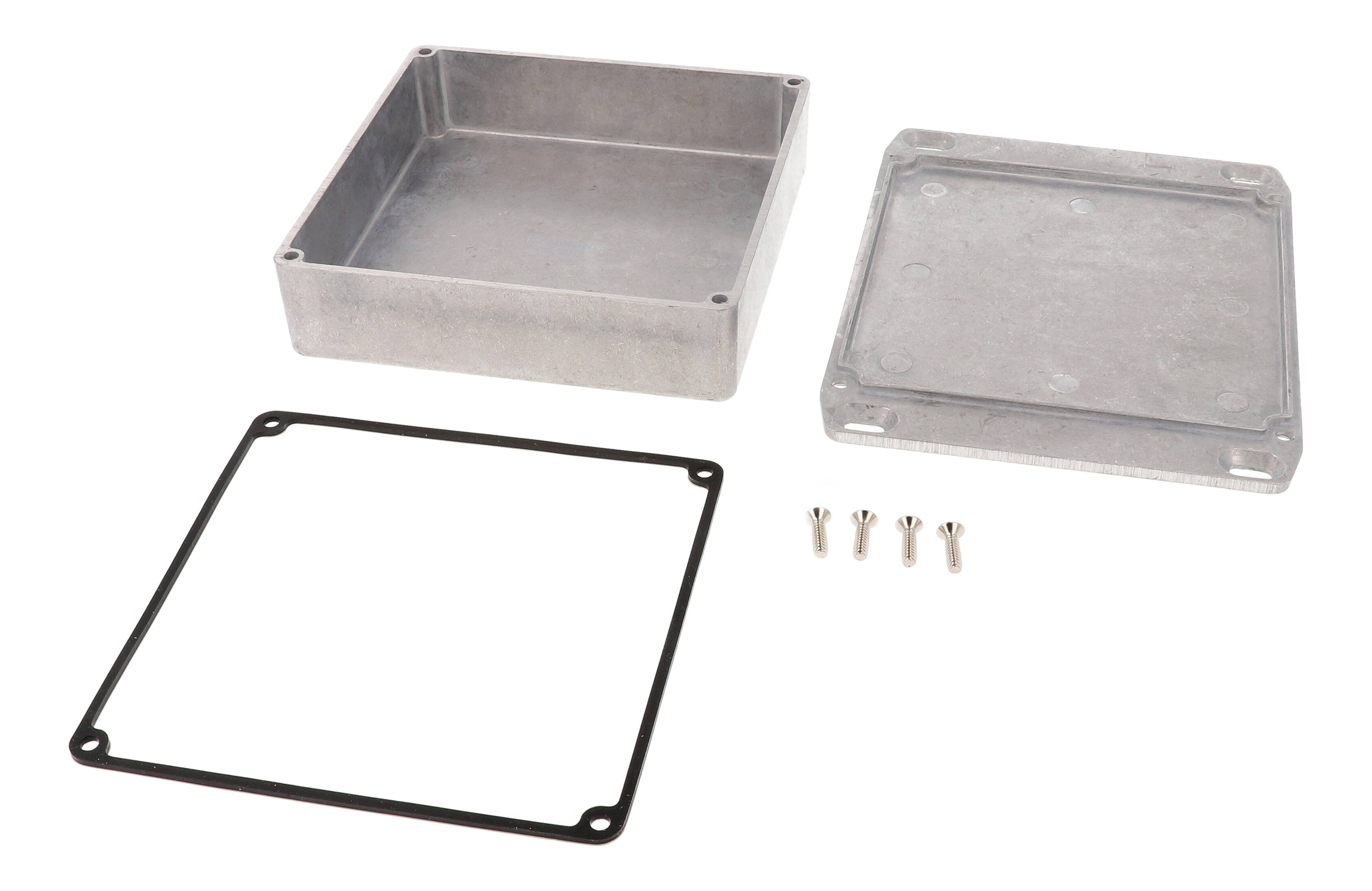 1590WQFL natural aluminum watertight diecast enclosure, 120 mm x 120 mm x 34 mm, with flanged mounting lid
