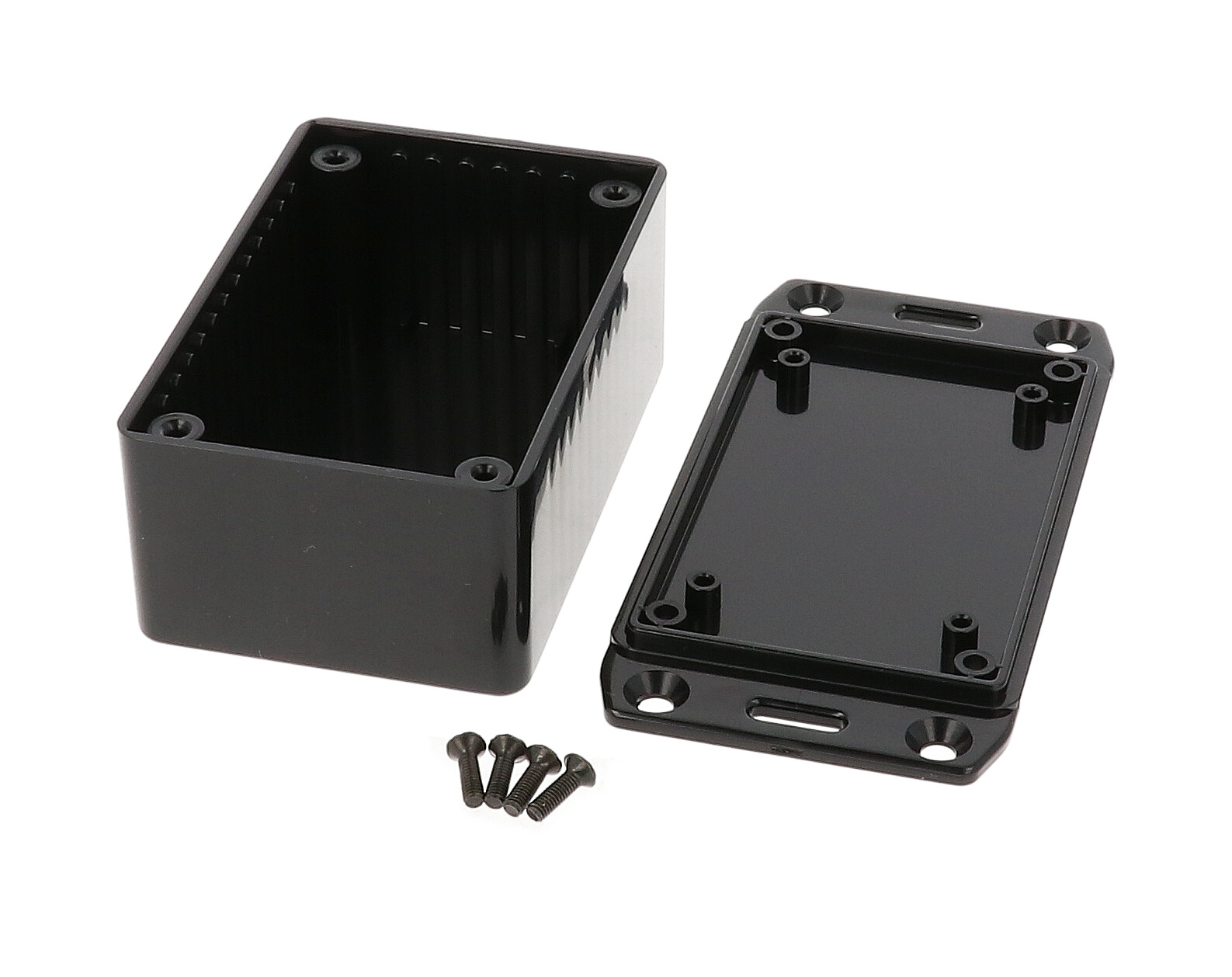 1591LSFLBK black ABS plastic enclosure with flanged mounting lid