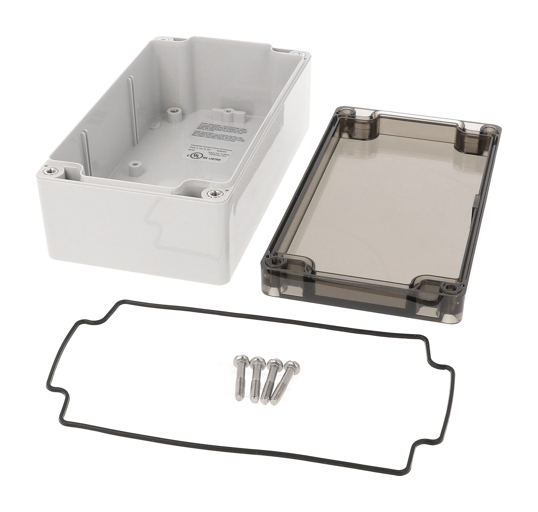 1554J2GYSL gray polycarbonate watertight enclosure with smoked lid, 160 x 90 x 61 mm