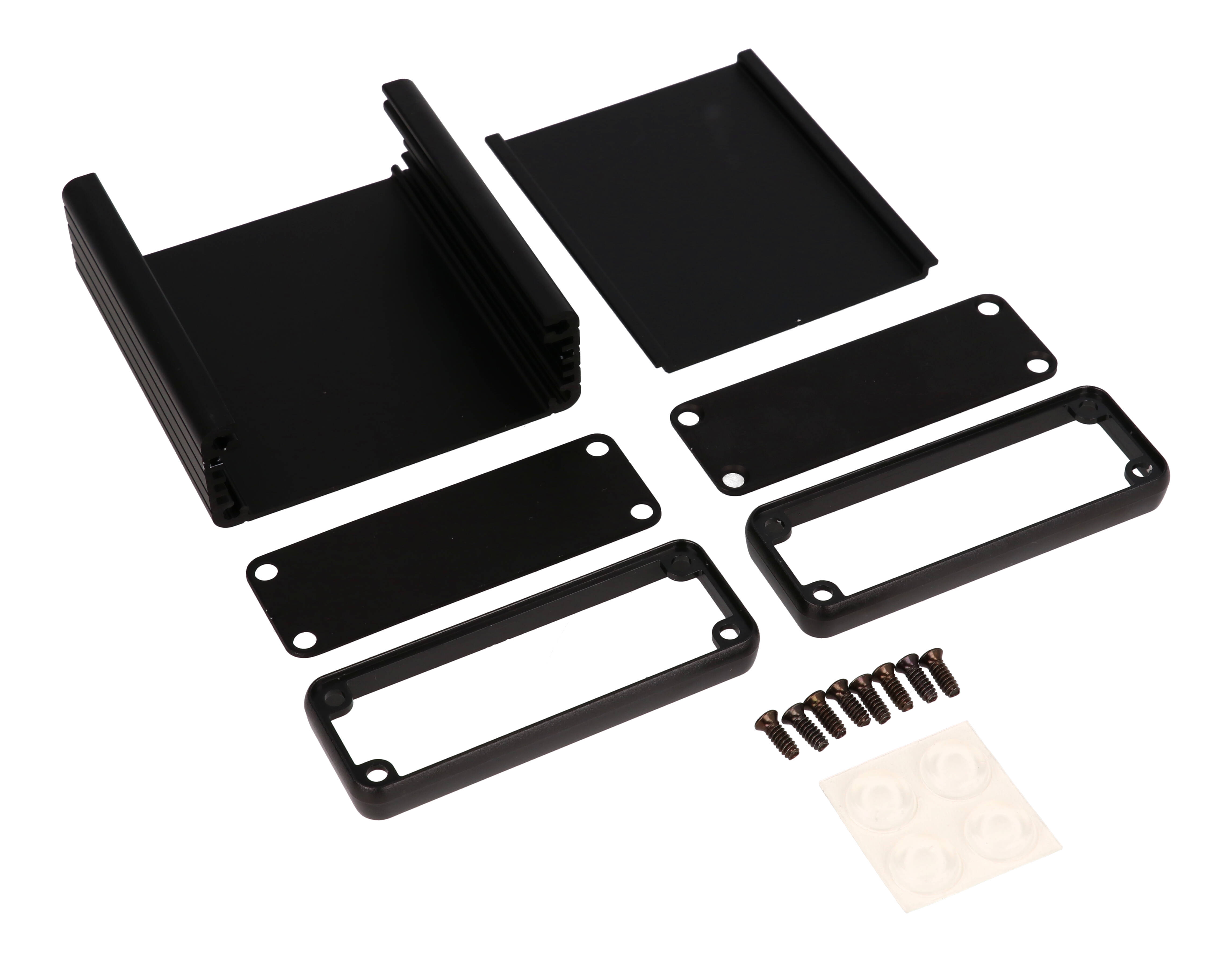 1455J801BK black anodized extruded aluminum enclosure, 80 x 78 x 27 mm, with aluminum end panels and open bezels