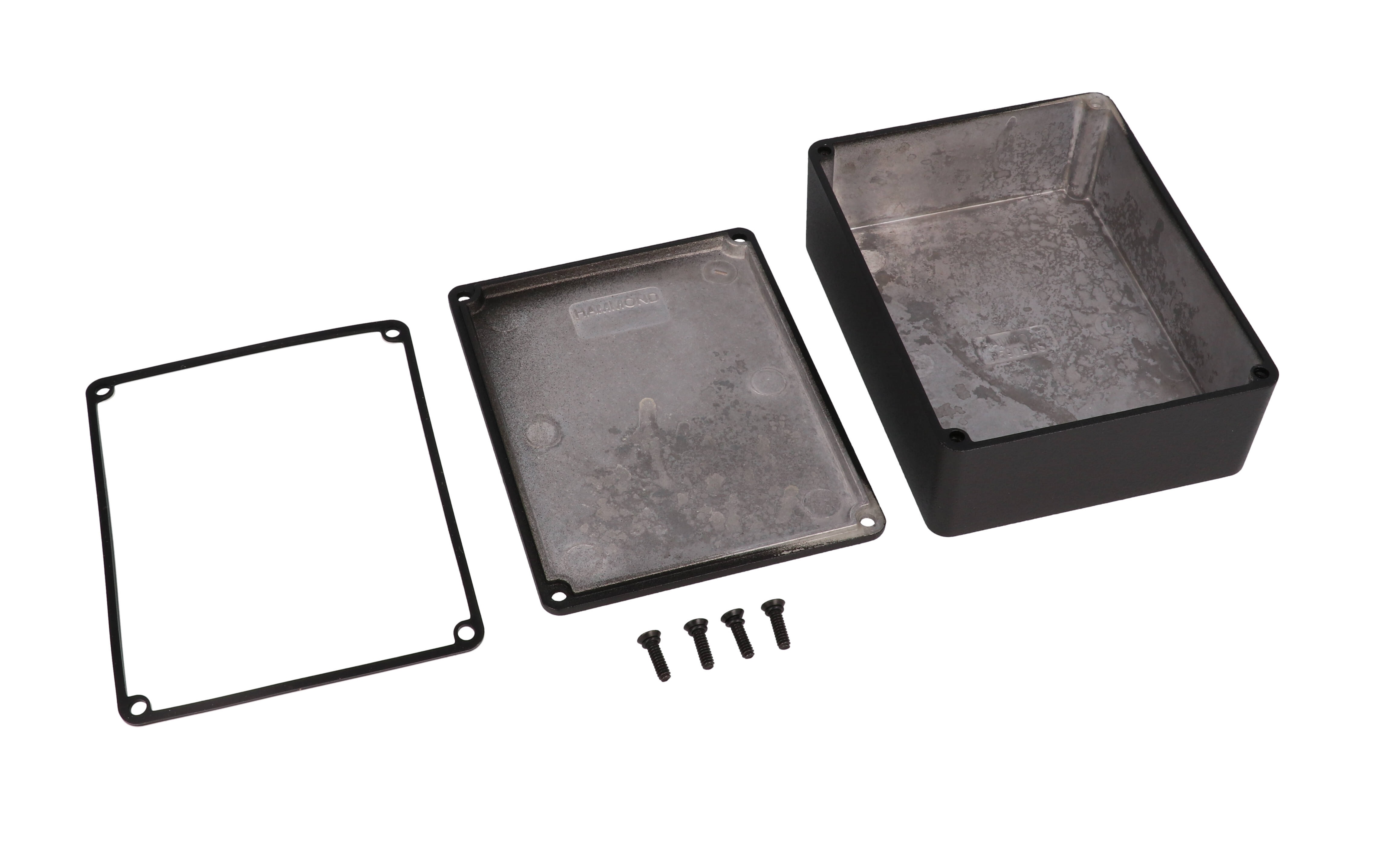 1590WBBSBK black textured water-tight diecast aluminum enclosure without mounting flanges