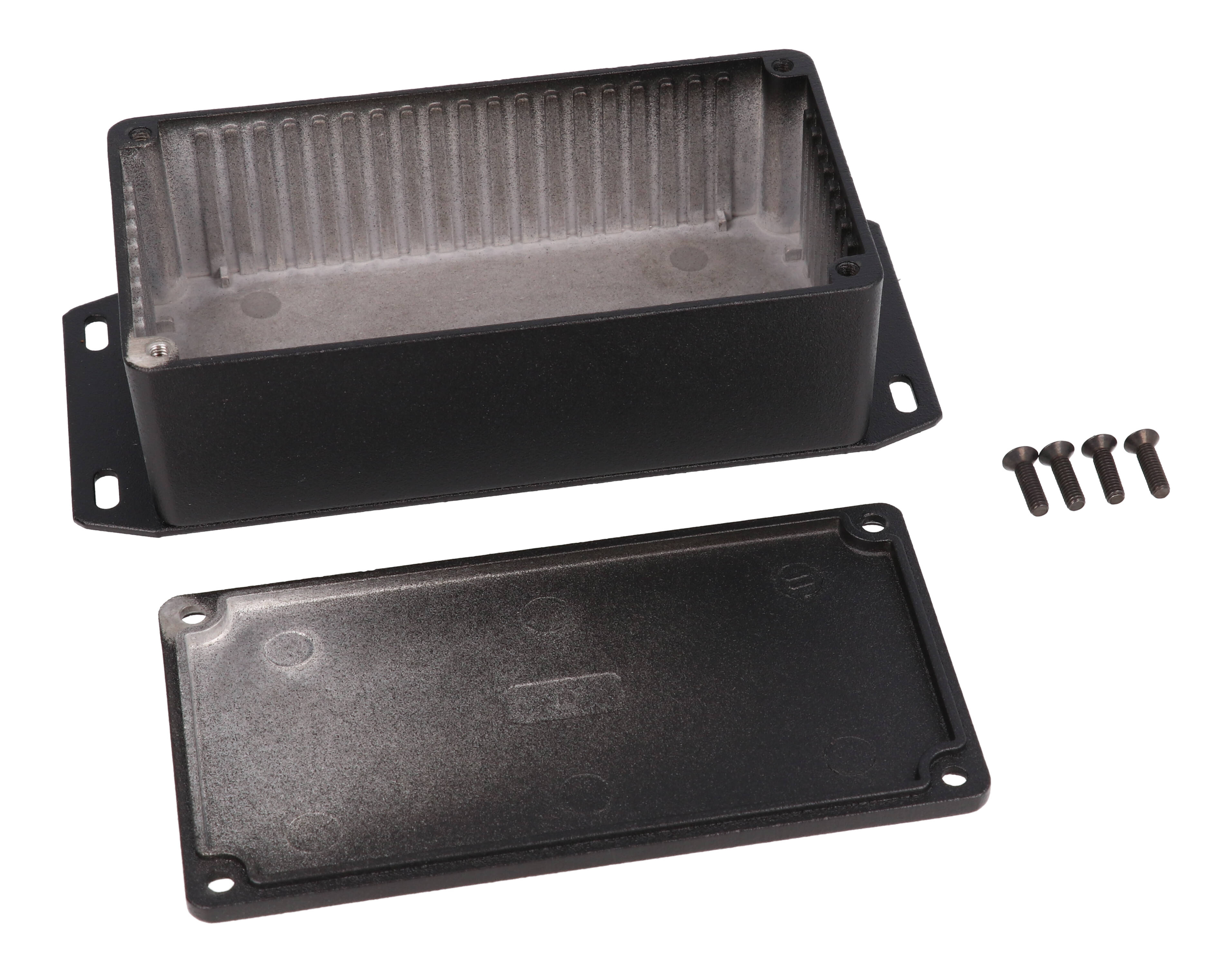 1590NFBK black diecast aluminum enclosure with welded flanged bottom plate