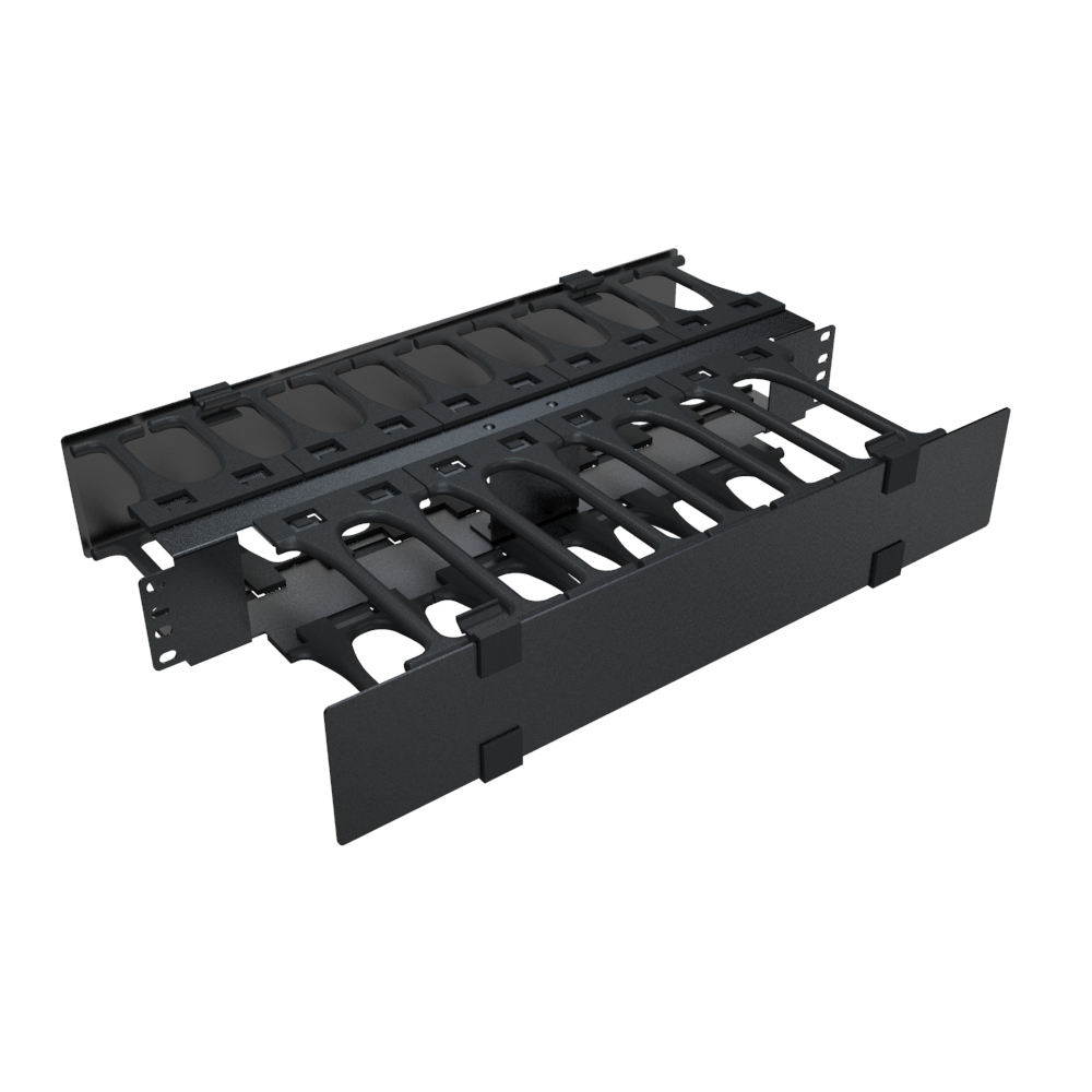 Hammond RB-HFMS2 2U black steel horizontal finger cable manager with removable cover for 19-inch racks