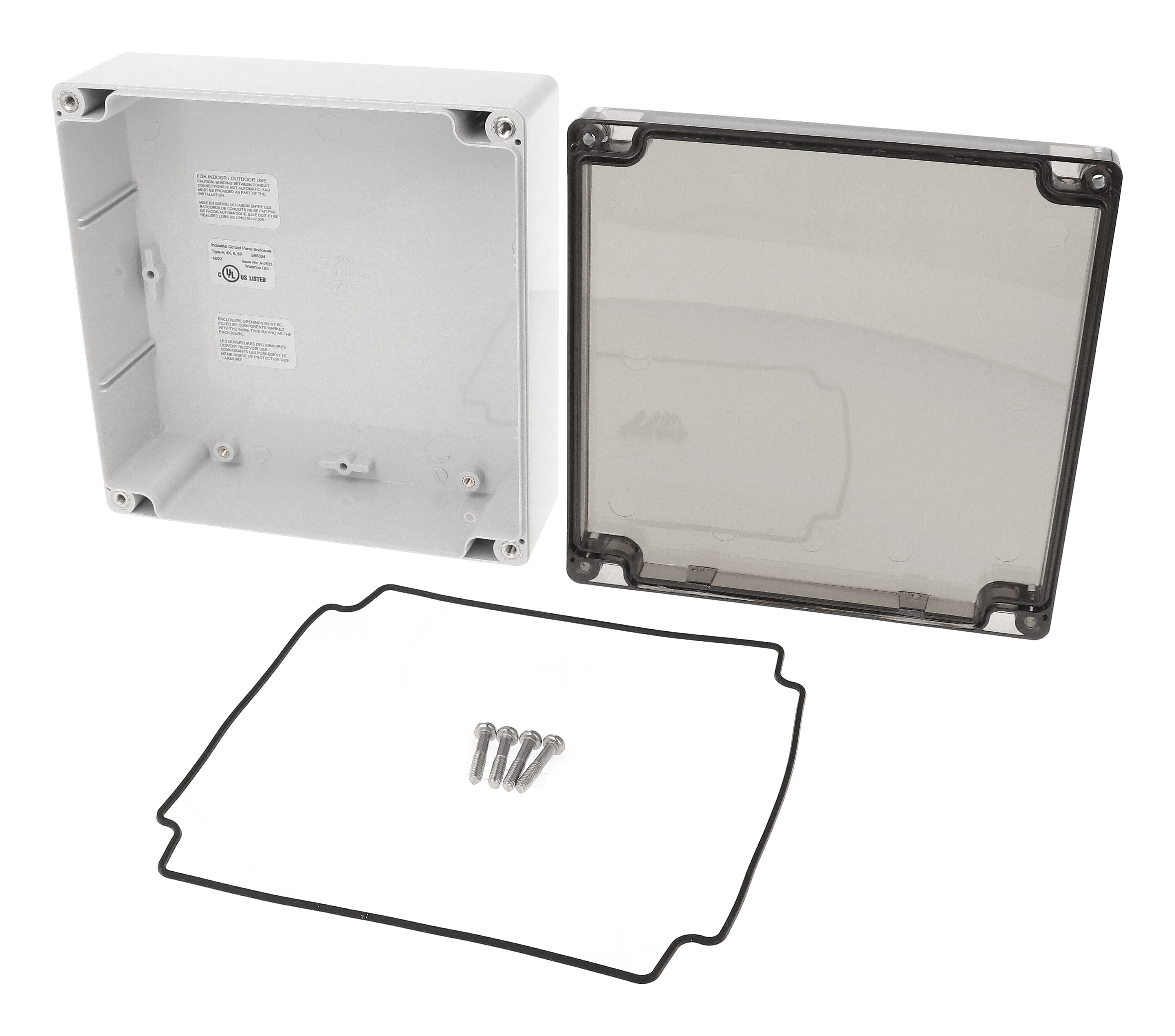 1554R2GYSL light gray polycarbonate enclosure with smoked lid, 160 x 160 x 61 mm