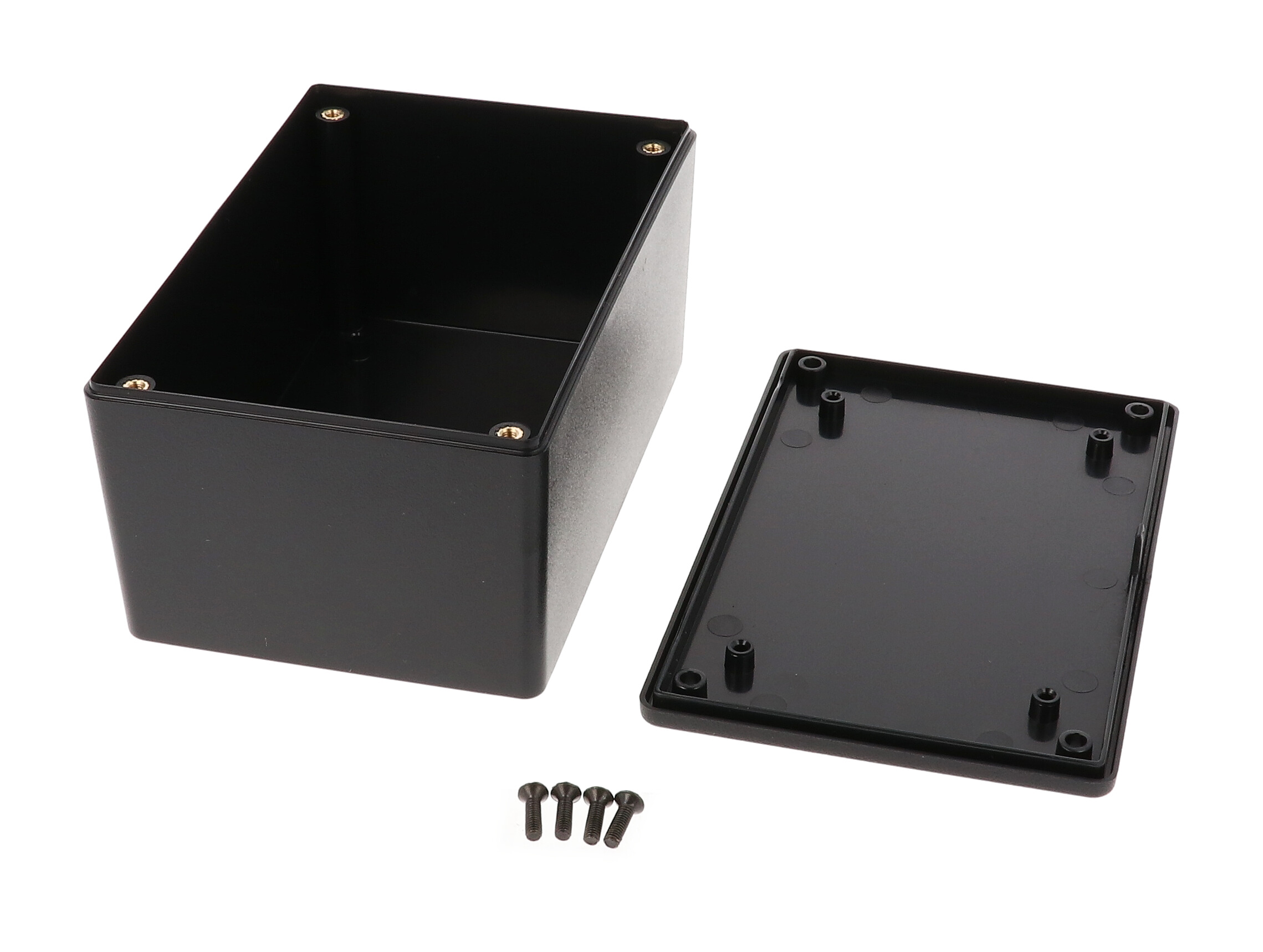 1591XXTBK black ABS plastic enclosure with PC board standoffs, 123 x 83 x 59 mm