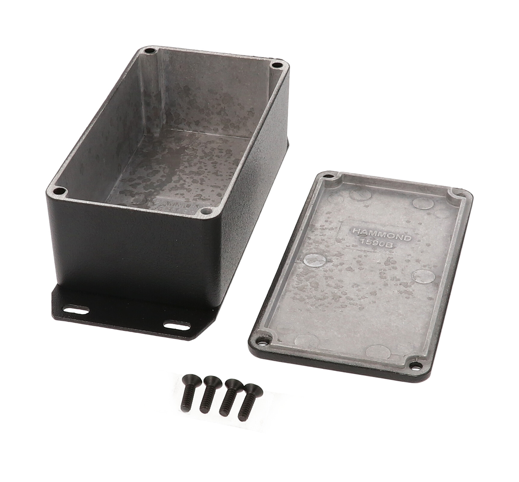 1590BSFBK black textured diecast aluminum enclosure with welded bottom flange