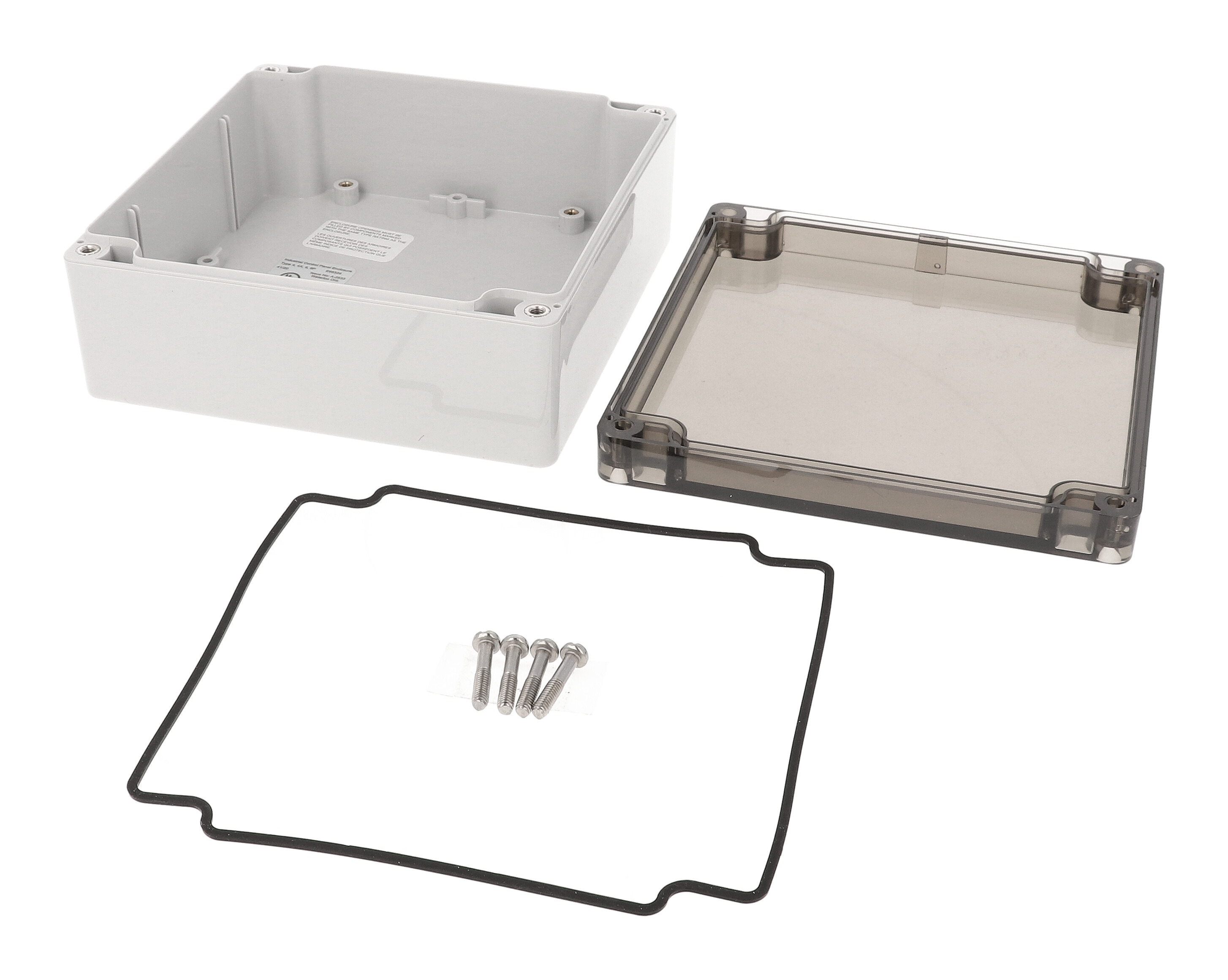 1554Q2GYSL light gray polycarbonate enclosure with smoked lid, 140 x 140 x 60 mm