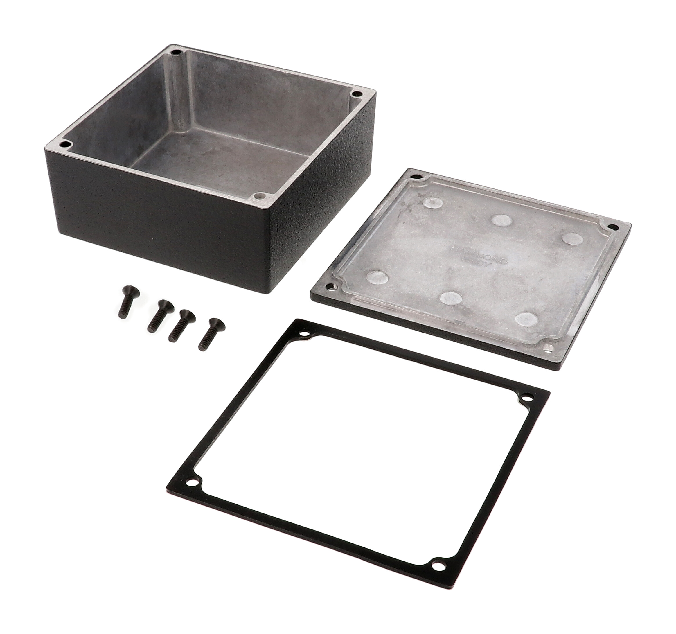 1590WYBK black textured watertight diecast aluminum enclosure without mounting flanges, 92 mm x 92 mm x 42 mm