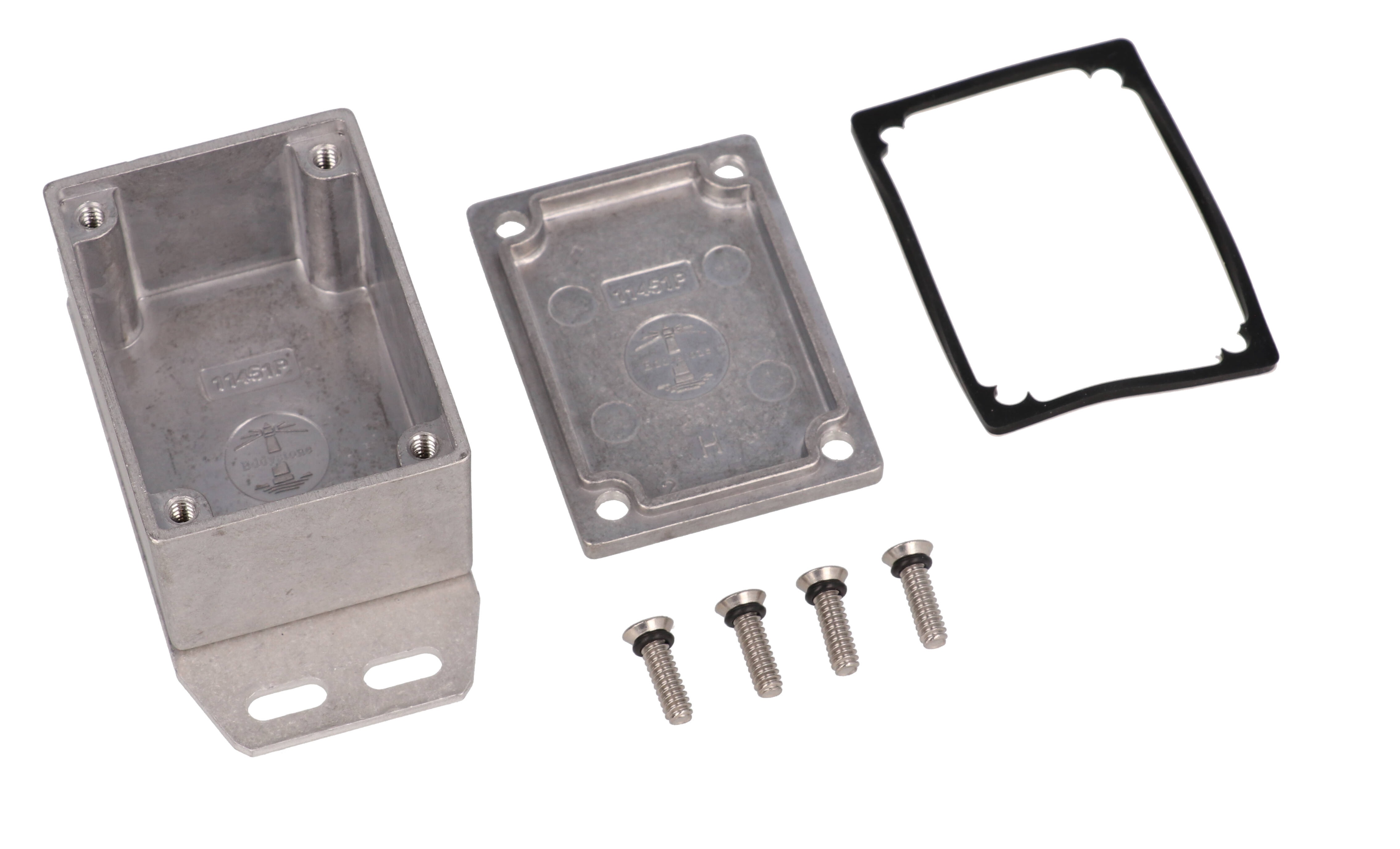 1590WHF natural aluminum IP65 watertight diecast enclosure, 53 x 38 x 31 mm, with flanged bottom plate