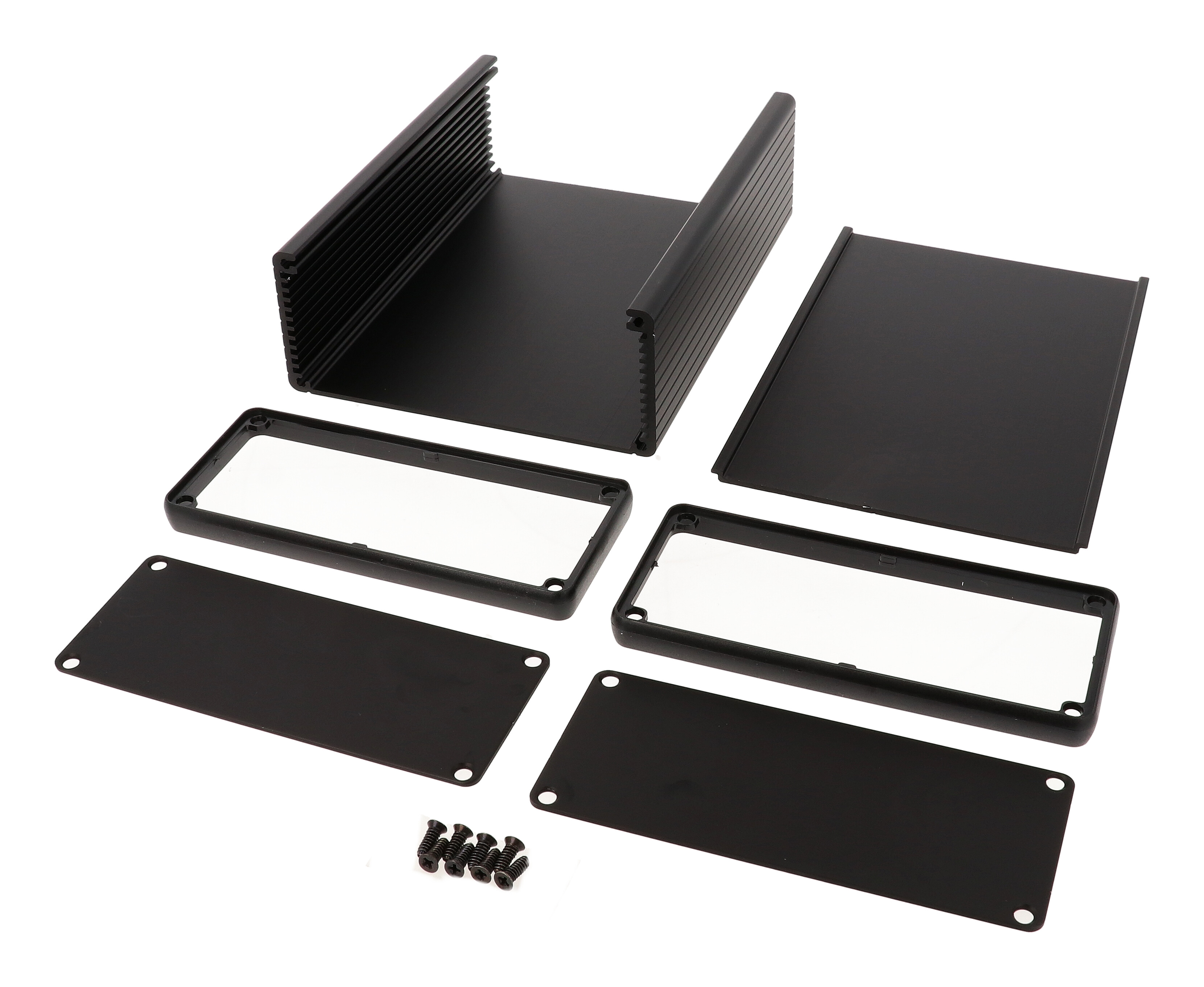 1455Q1601BK black anodized extruded aluminum PC board enclosure 160 x 125 x 51.5 mm with aluminum end panels and open bezels