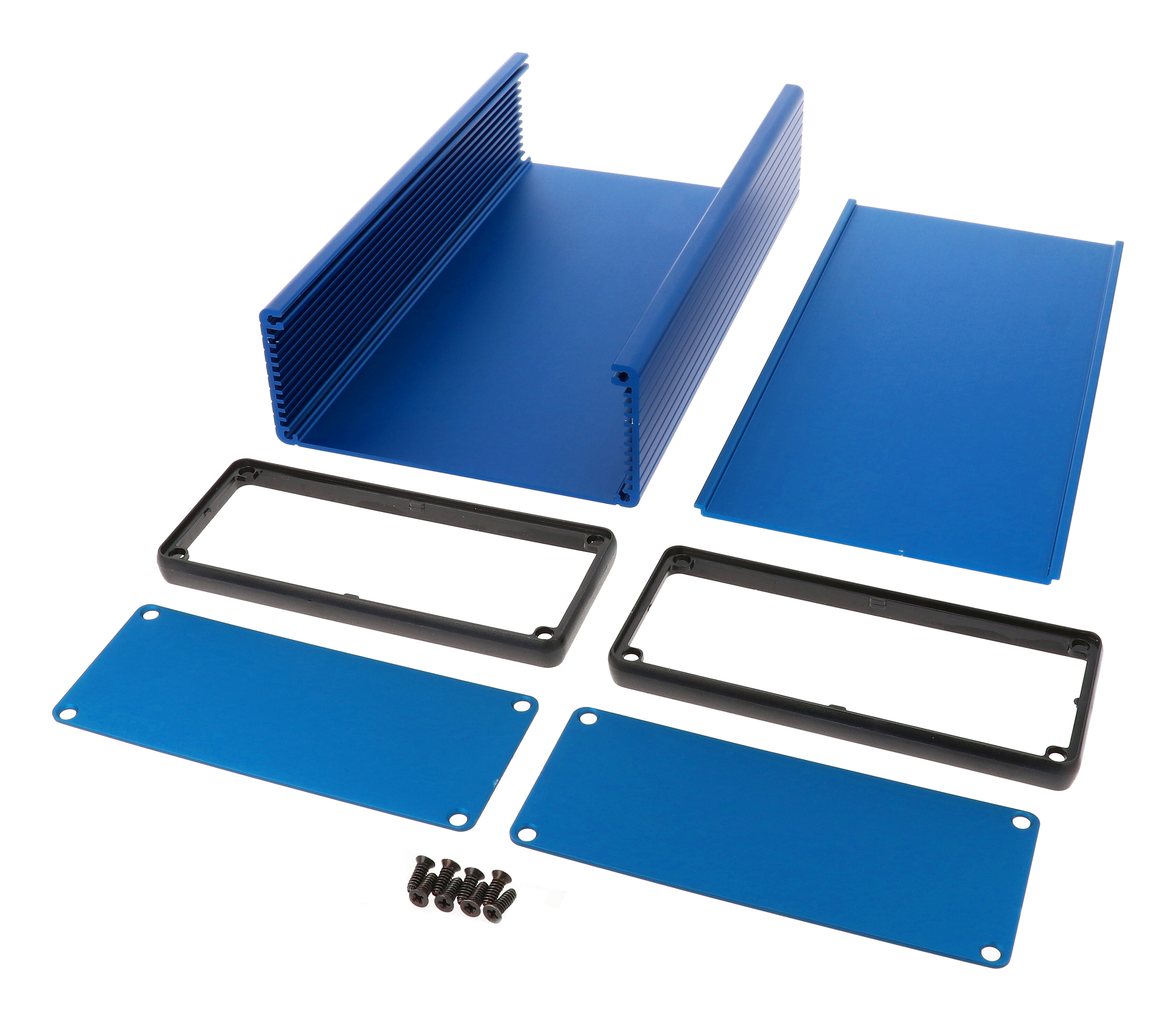 1455Q2201BU blue anodized extruded aluminum PC board enclosure 220 x 125 x 51.5 mm with aluminum end panels and open bezels