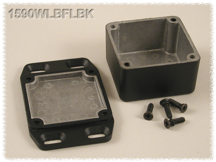 1590WLBFLBK black watertight diecast aluminum enclosure with flanged mounting lid