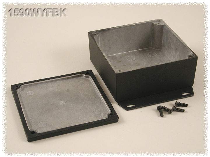 1590WYFBK black textured watertight diecast aluminum enclosure with welded bottom mounting flange