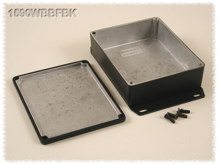 1590WBBFBK black textured water-tight diecast aluminum enclosure with flanged bottom plate