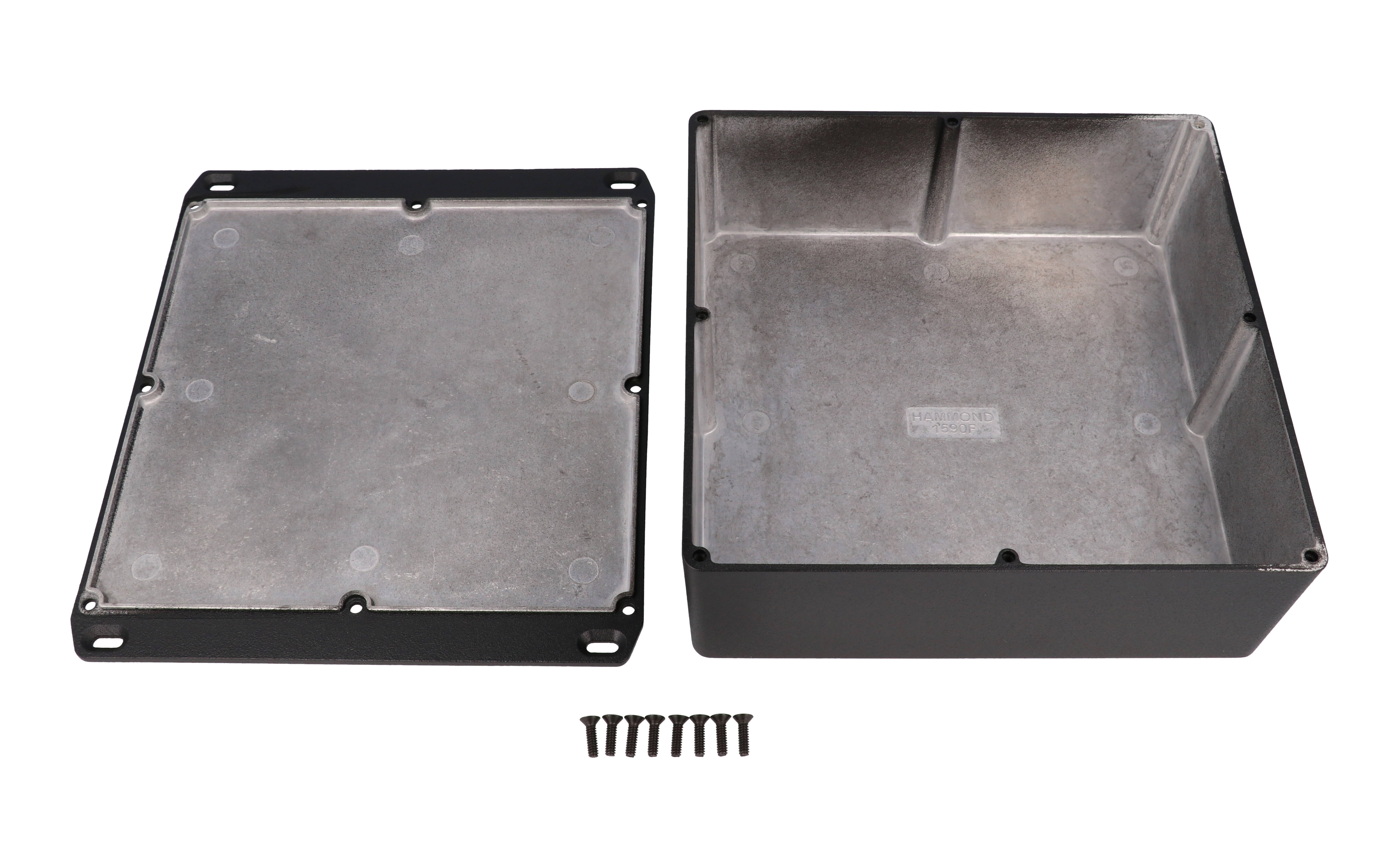 1590FFLBK textured black diecast aluminum enclosure with wall-mounting flanged lid, 188 x 188 x 67 mm