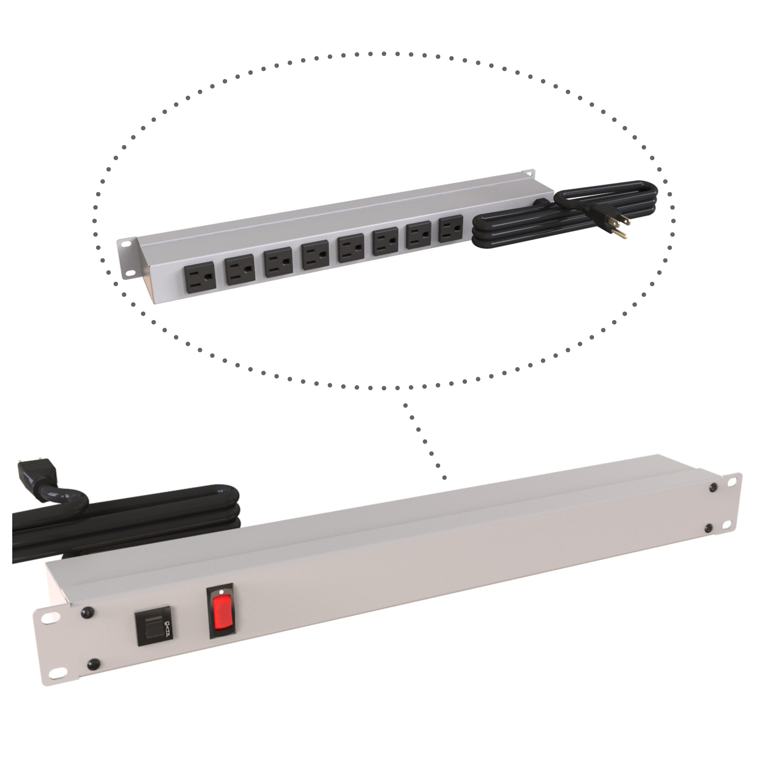 Hammond 1583H8A1 1U 19-inch rack mount PDU in ASA 61 grey with eight rear-facing 5-15R outlets, lighted on/off switch and 6 ft NEMA 5-15P cord