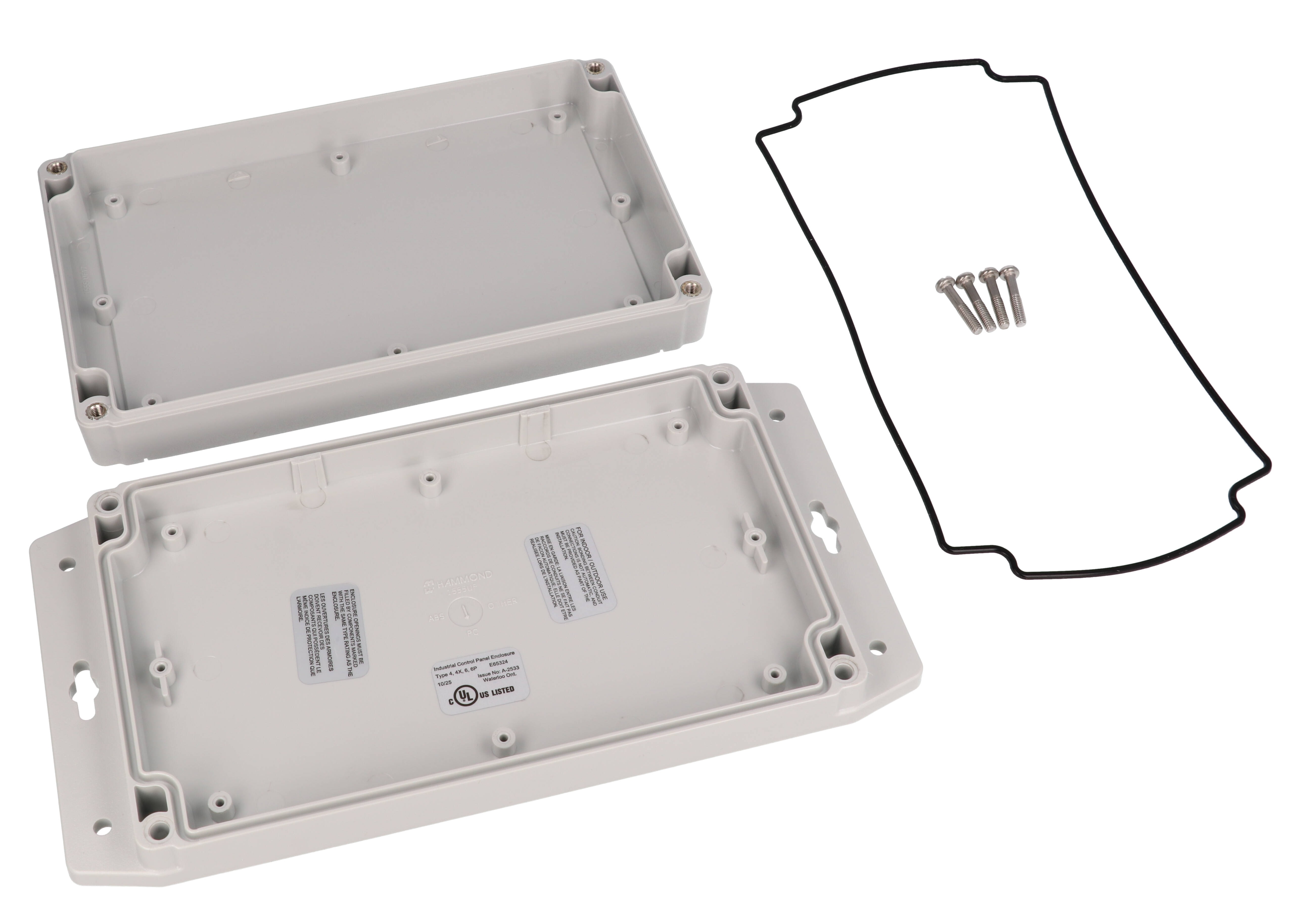 1555U2F17GY light gray polycarbonate low-profile flanged enclosure, 200 x 120 x 40 mm